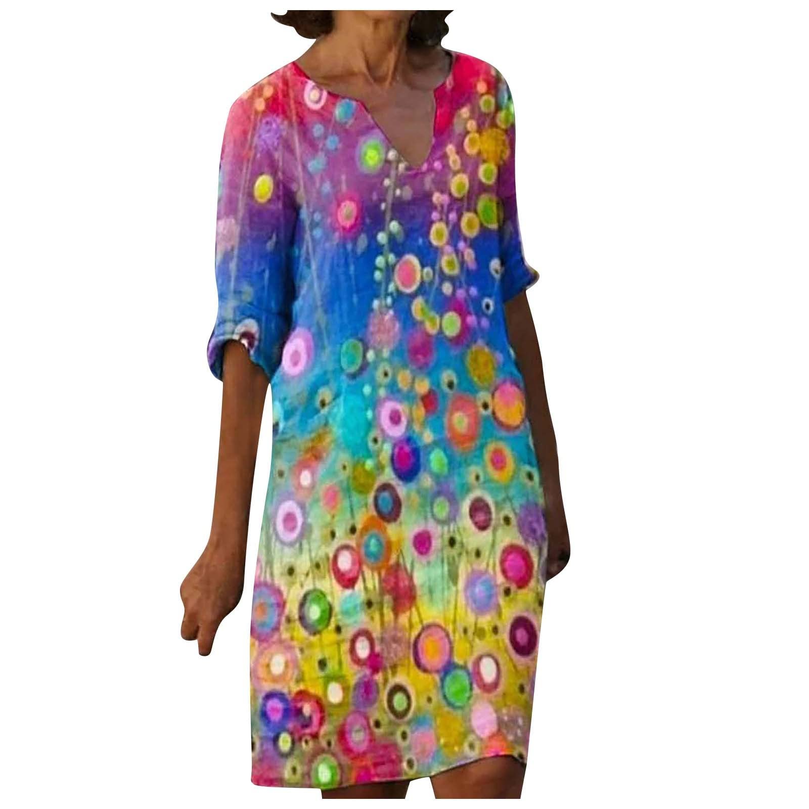Women's Summer Dresses - Retro Floral Print V-Neck Short Sleeve Comfortable Casual Cocktail Dress for Beach, Party & Daily Wear