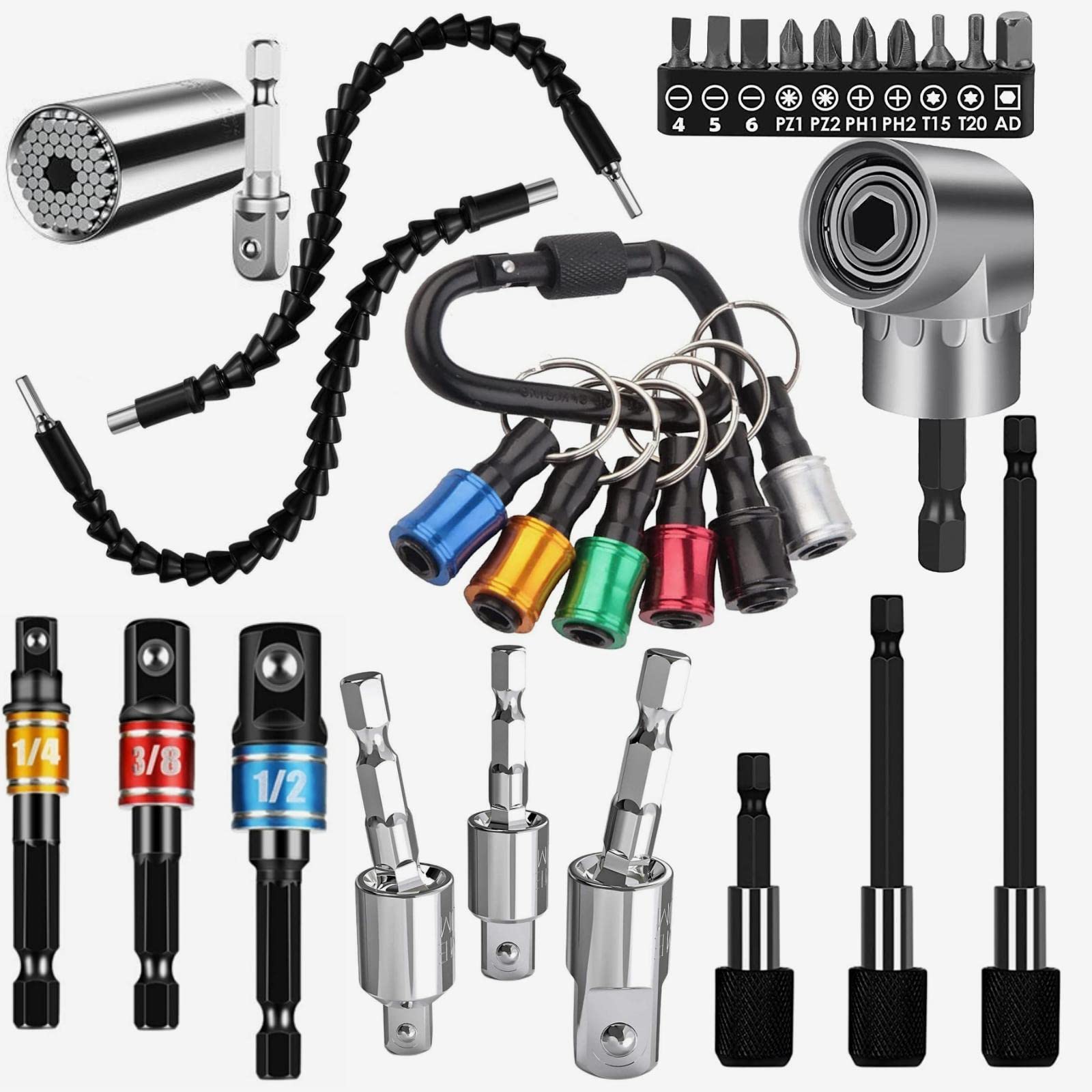 31Pcs Flexible Drill Bit Extension Set with 105° Right Angle Attachment - 1/4