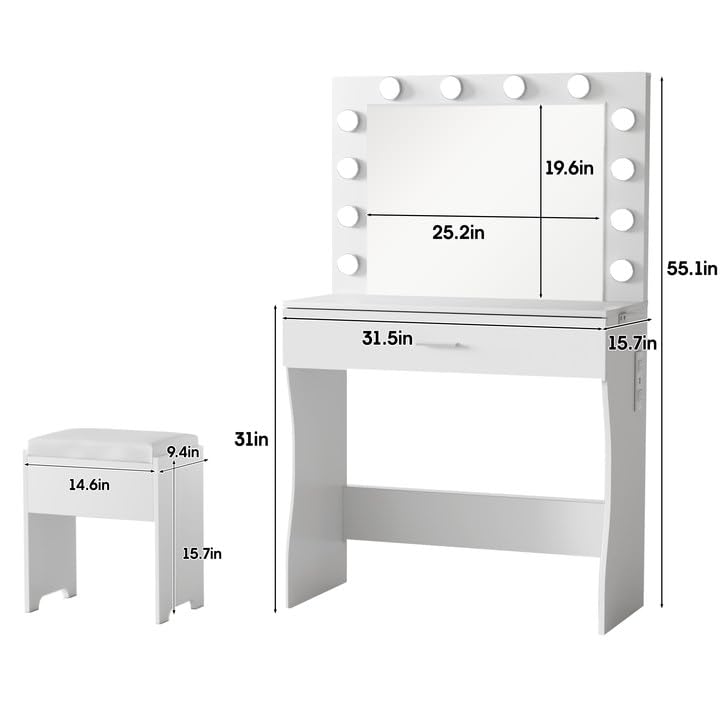 Vanity Desk with Lights - Makeup Vanity Desk with LED Mirror & USB Charging Station, 3 Adjustable Lighting Modes & Brightness, Vanity Set with Cushioned Stool - Perfect for Bedroom, Dressing Room & Beauty Salon