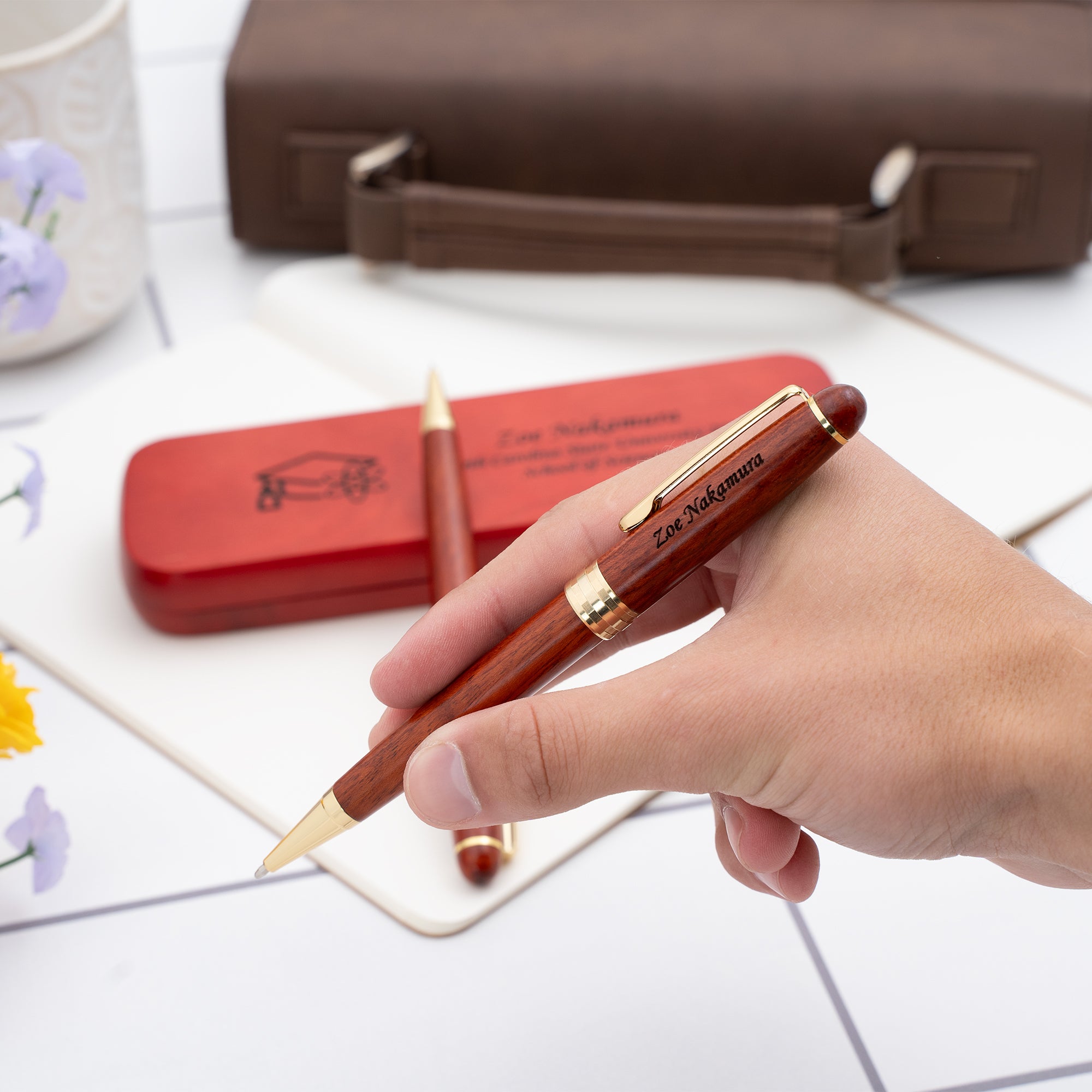 Personalized Rosewood Graduation Ballpoint Pen & Pencil Gift Set with Leather Case - Perfect for Graduation Gifts, Academic Awards & Professional Writing (Science Themed)