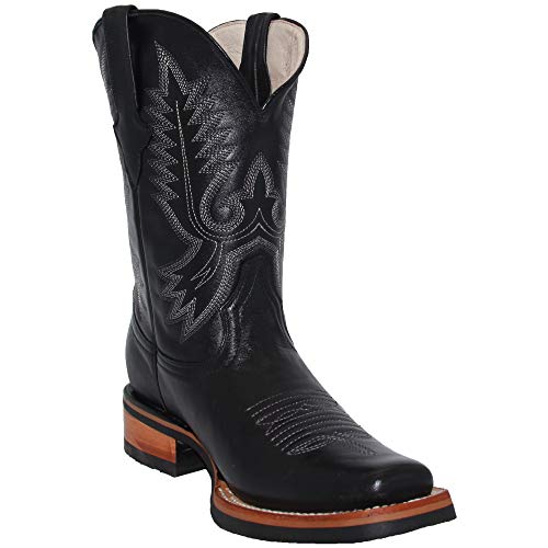 Authentic Men's Leather Square Toe Cowboy Boots - Black Western Style Boots for Rodeo, Country Dancing & Casual Wear