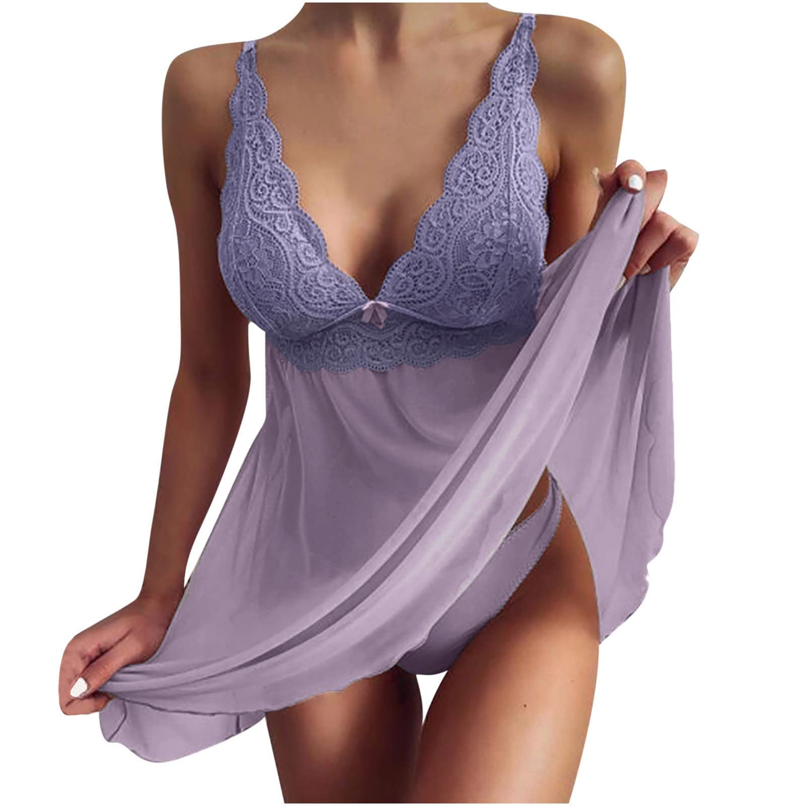 Sexy Plus Size Lace V-Neck Nightgown - Women's See-Through Bowknot Camisole Pajama Set for Sleep, Lounge & Romantic Nights | Comfortable Lingerie for Bedtime & Boudoir