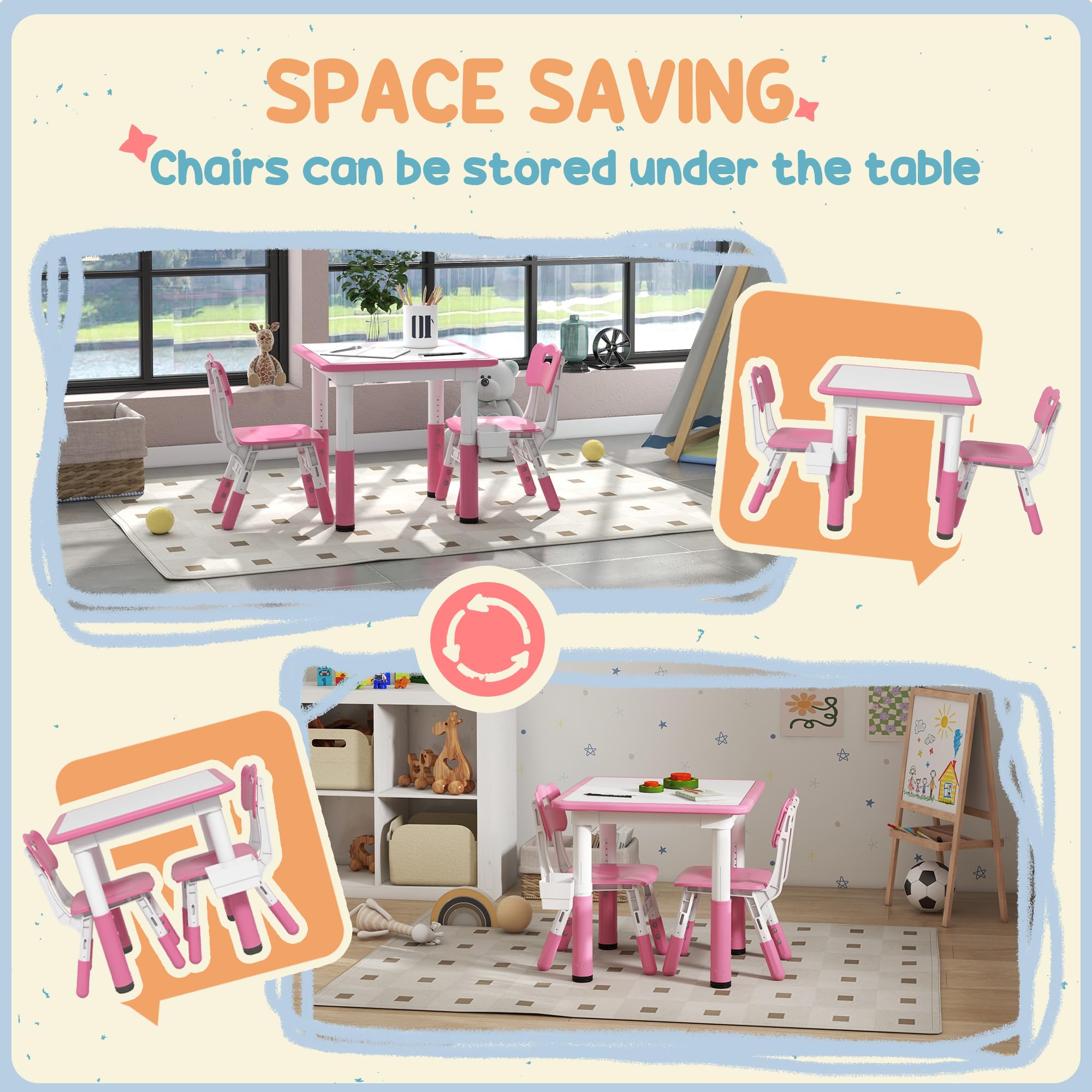 Qaba 3-Piece Kids Table and Chair Set - Adjustable Height Toddler Activity Table with Storage - Perfect for Playroom, Nursery, Classroom (Pink) | Ideal for Arts & Crafts, Snack Time, and Learning Activities