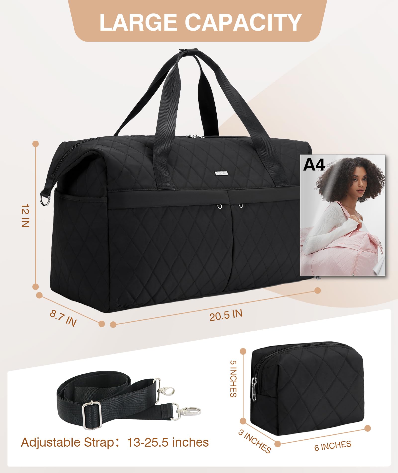 Marvolia Quilted Duffle Bag for Women - Large Travel Weekender Overnight Bag with Shoe Compartment & Toiletry Pouch | Perfect Carry-On for Business Trips, Gym, Sports & Weekend Getaways - Black