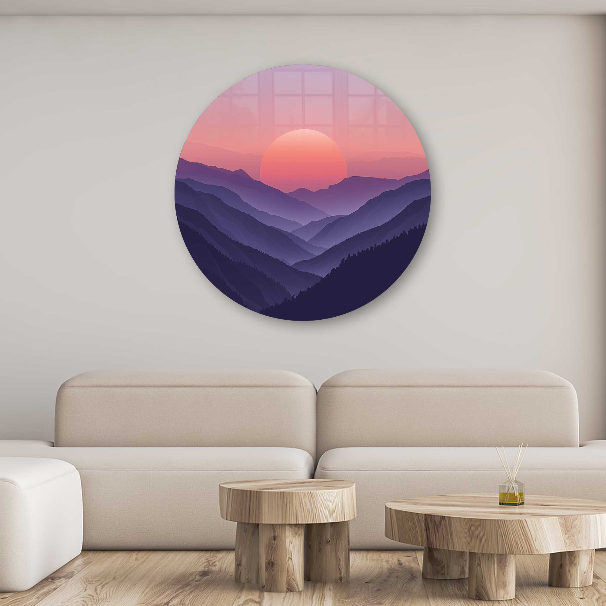 Sunset Beyond the Mountains Round Glass Wall Art - Elegant Home Decor for Living Room, Bedroom & Office