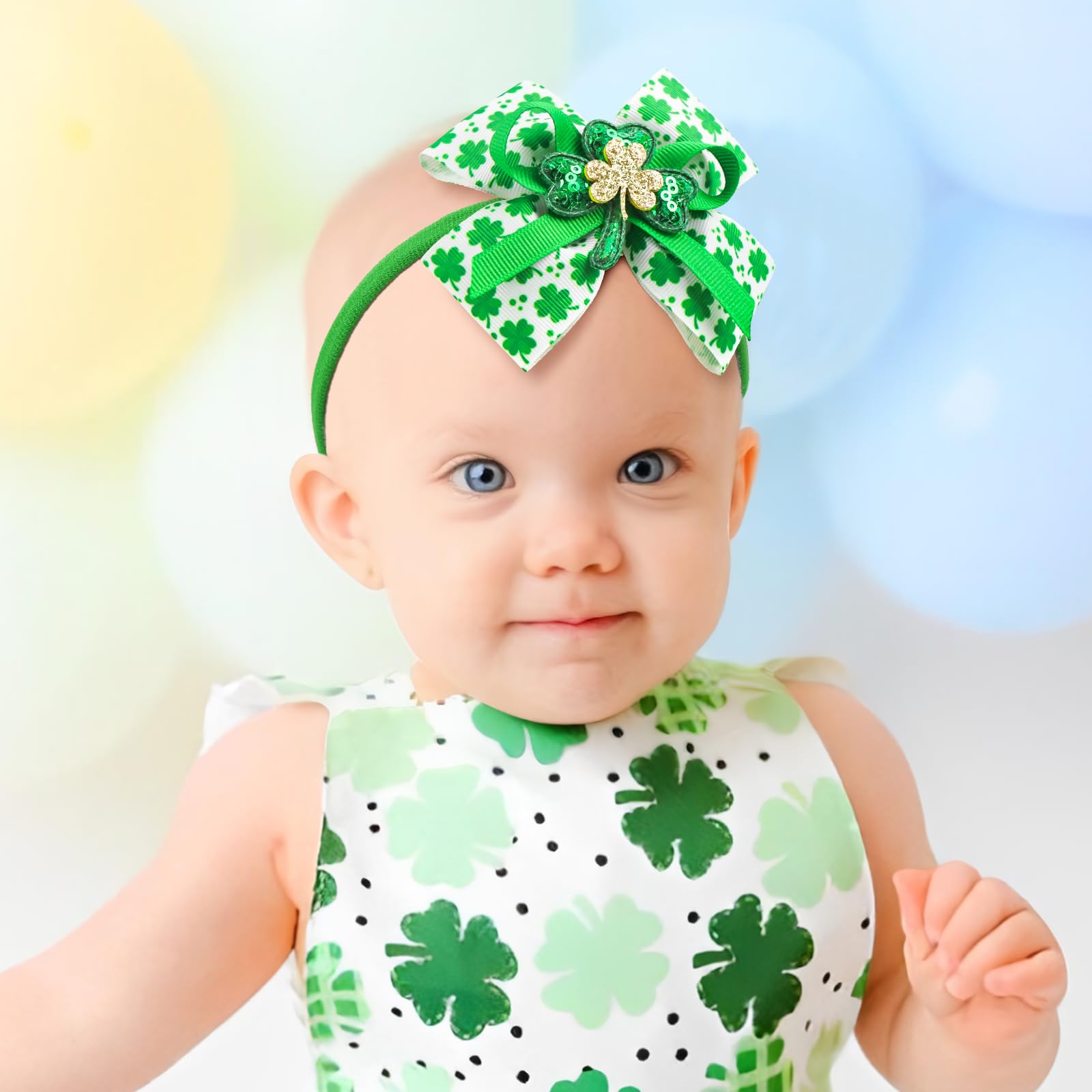 St. Patrick's Day Baby Bows - Green Shamrock Headbands with Golden Sequin Bows | Elastic Hair Accessories for Girls, Infants, Toddlers & Newborns | Perfect for St. Patrick's Day Outfits, Photo Shoots & Holiday Celebrations