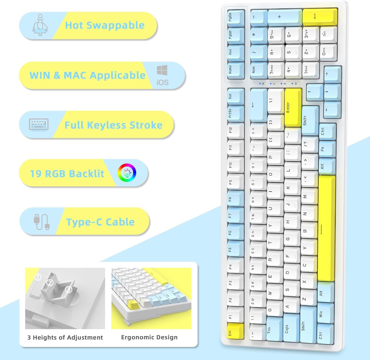 Ajazz Mechanical Gaming Keyboard - Hot Swappable, Compact USB Wired with Numeric Pad, 100 Keys Double-Shot ABS Keycaps, N-Key Rollover RGB Custom Keyboard for PC & Mac (MX Blue) - Perfect for Gaming, Typing & Office Work