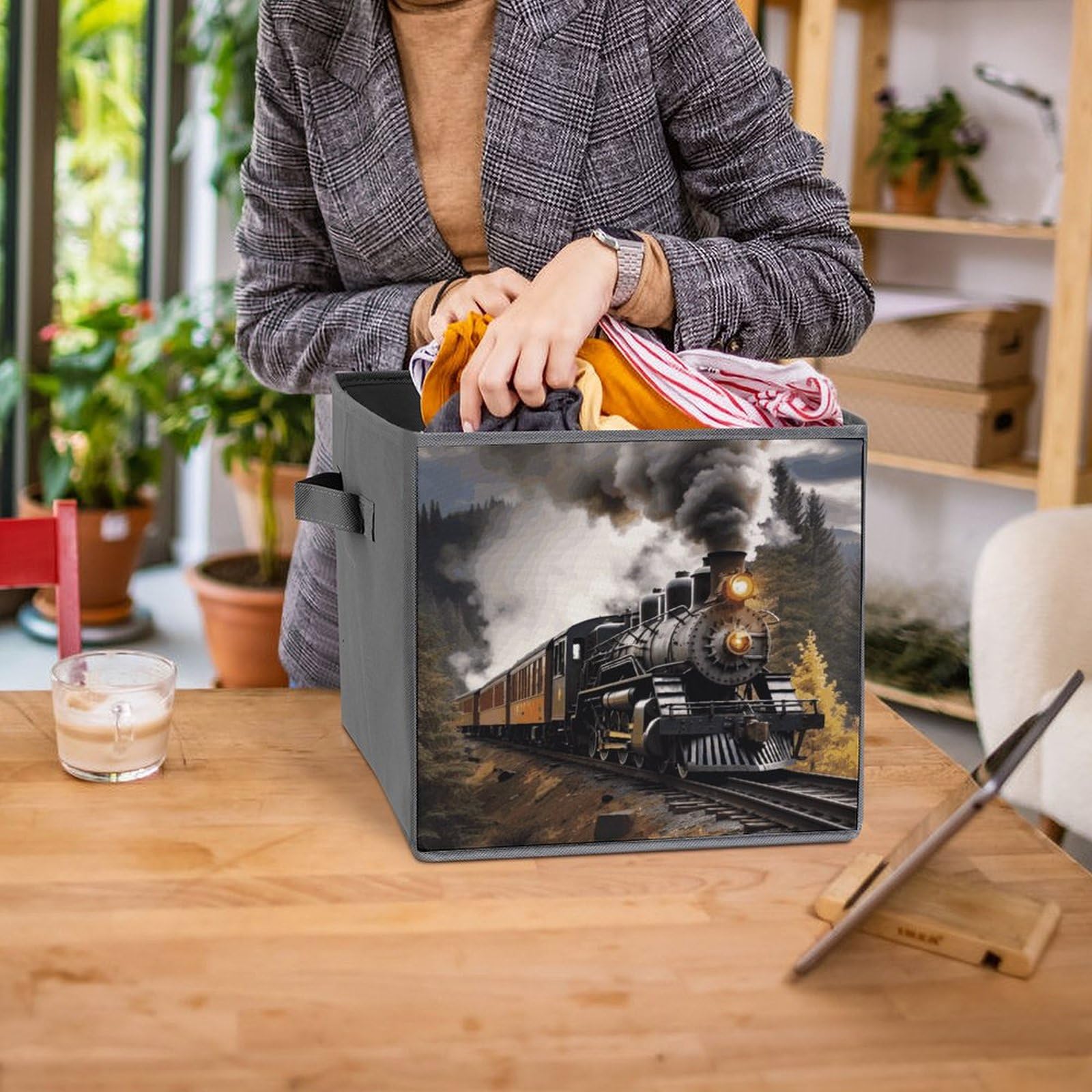 2-Pack Collapsible Storage Bins with Handles - Steam Train Printed Foldable Organizing Baskets for Shelves, Closet & Home Organization | Perfect for Kids' Toys, Books & Household Items Storage