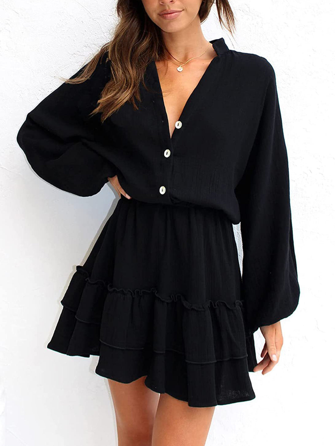 Elegant Ruffled Notched Balloon Sleeve Mini Dress for Women | Flirty Party & Cocktail Outfit | Perfect for Date Night, Club Wear & Special Occasions