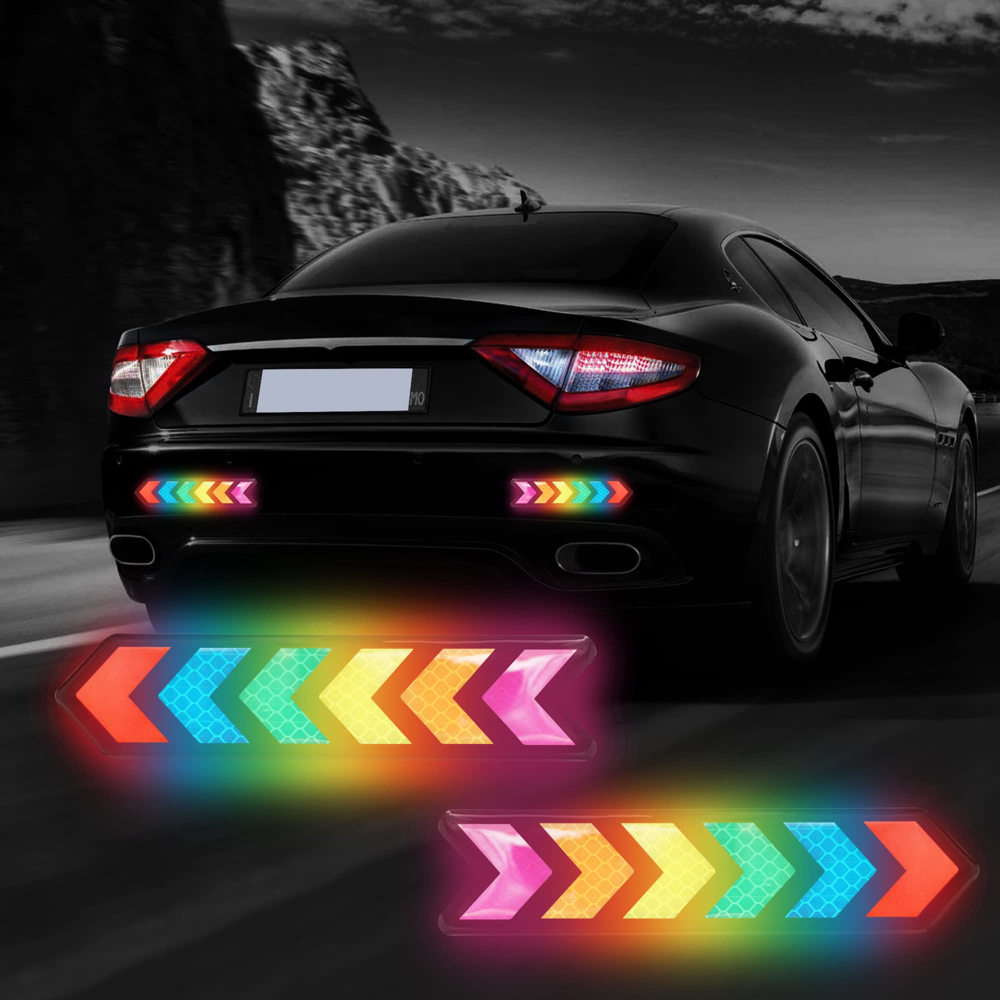 Car Strong Reflective Sticker - Colorful Safety Warning Decals for Exterior, Rearview Mirror, Trunk, Rear Bumper, Front/Rear Bumper Arrows - Enhance Night Visibility for Safer Driving