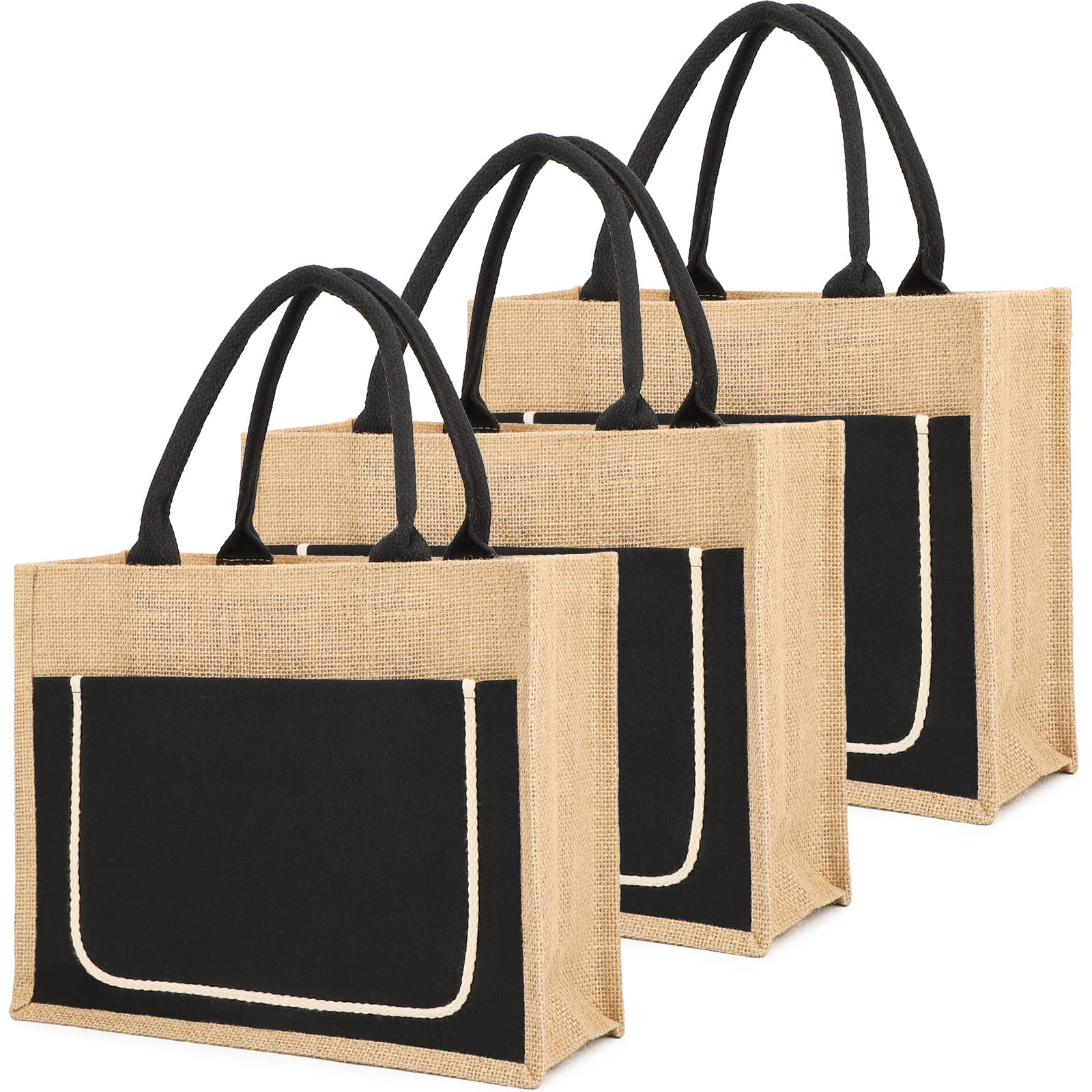 Segarty 3-Pack Small Black Burlap Tote Bags with Zipper Pocket - Reusable Jute Canvas Beach Tote with Handles for Women | Bridesmaid Gifts, Grocery Shopping, Market, Party, Beach Trip & Everyday Use