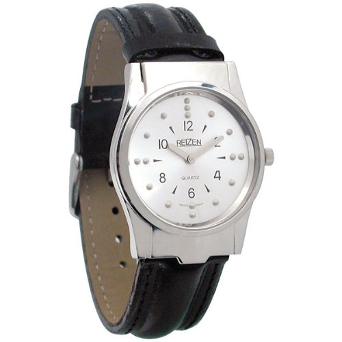 Reizen Mens Braille Watch - Chrome Plated Stainless Steel Case with Genuine Leather Band - Tactile Watch for Visually Impaired - Perfect for Daily Wear, Work & Special Occasions