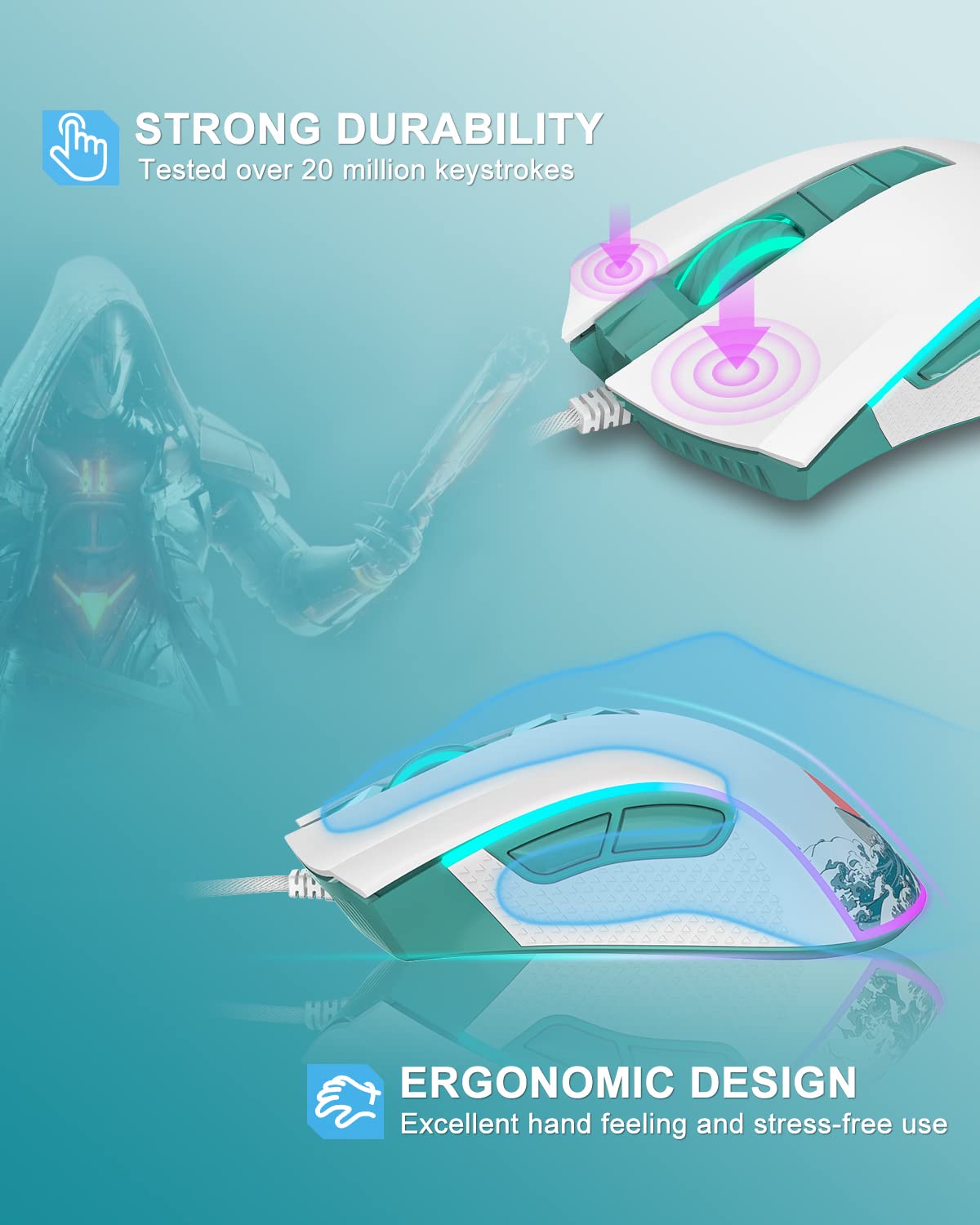 COSTOM G705 Wired RGB Gaming Mouse - 12000DPI Adjustable, 7 Programmable Buttons - USB PC Gaming Mouse for Windows/Mac Laptop - Coral Sea Theme - Perfect for FPS, MOBA & MMO Games