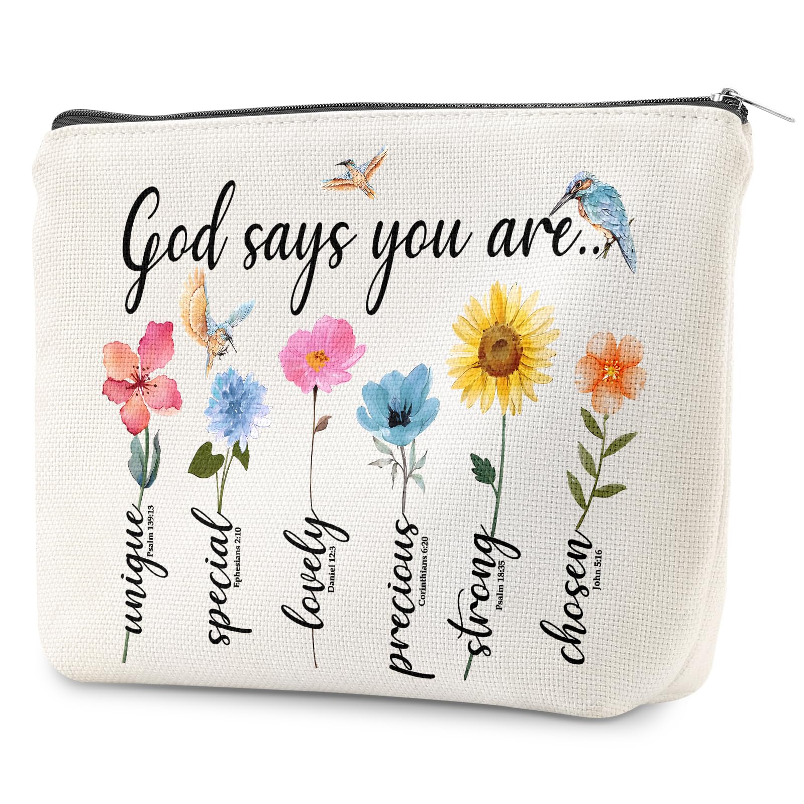 God Says You Are Makeup Bag - Inspirational Bible Verse Cosmetic Pouch, Christian Gift for Women, Encouragement Present with Floral Bird Design - Perfect for Church, Bible Study, Birthday & Daily Use