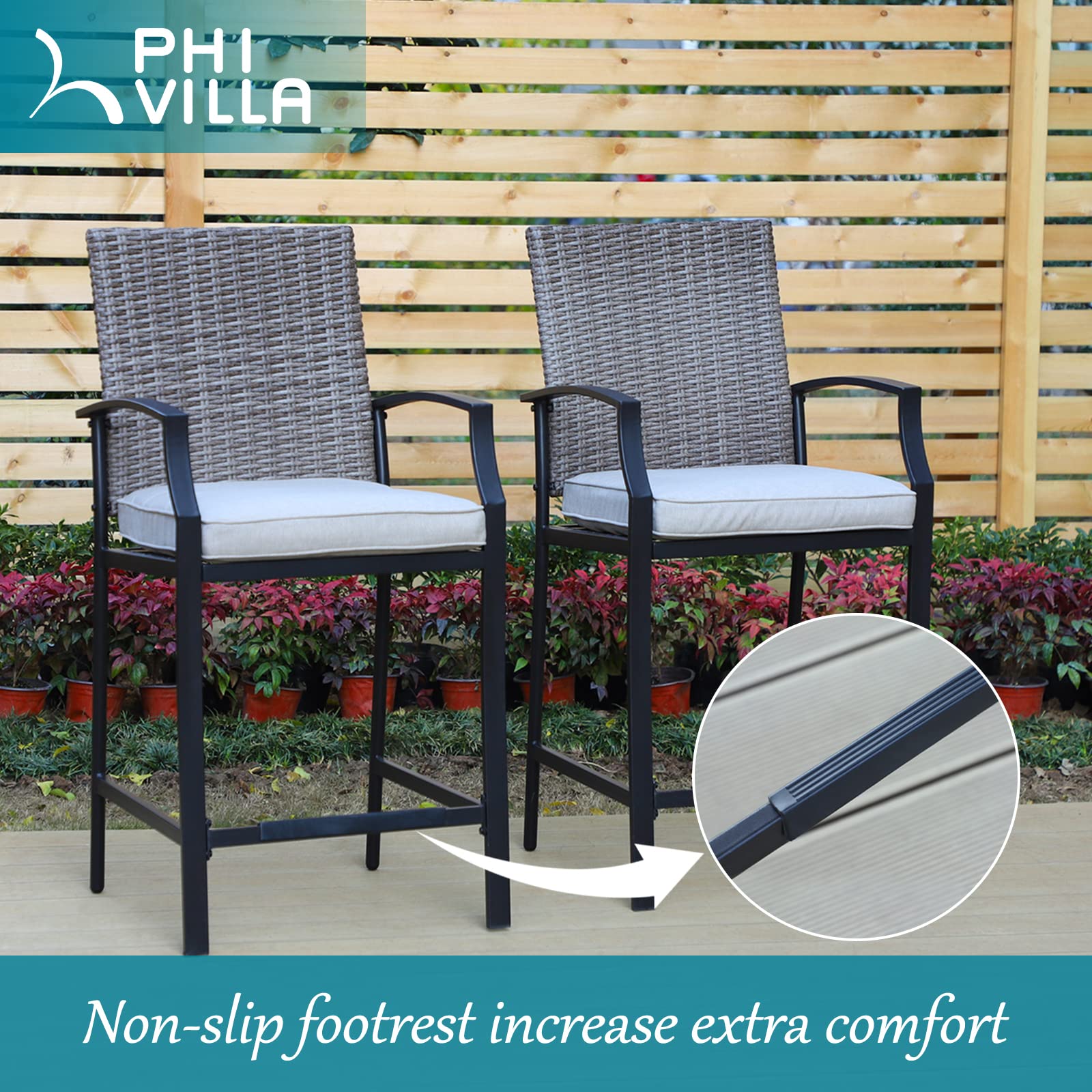 PHI VILLA 3-Piece Outdoor Patio Bar Set - 2 Rattan Bar Stools with 3.5
