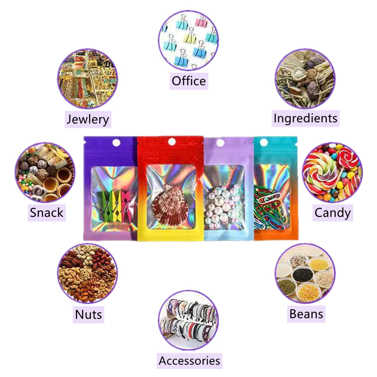 100 Pcs Holographic Mylar Bags 3.5x4.7 Inch - Smell Proof Resealable Ziplock Pouches for Jewelry, Beads & Small Items Storage - Perfect for Earrings, Crafts & Business Packaging