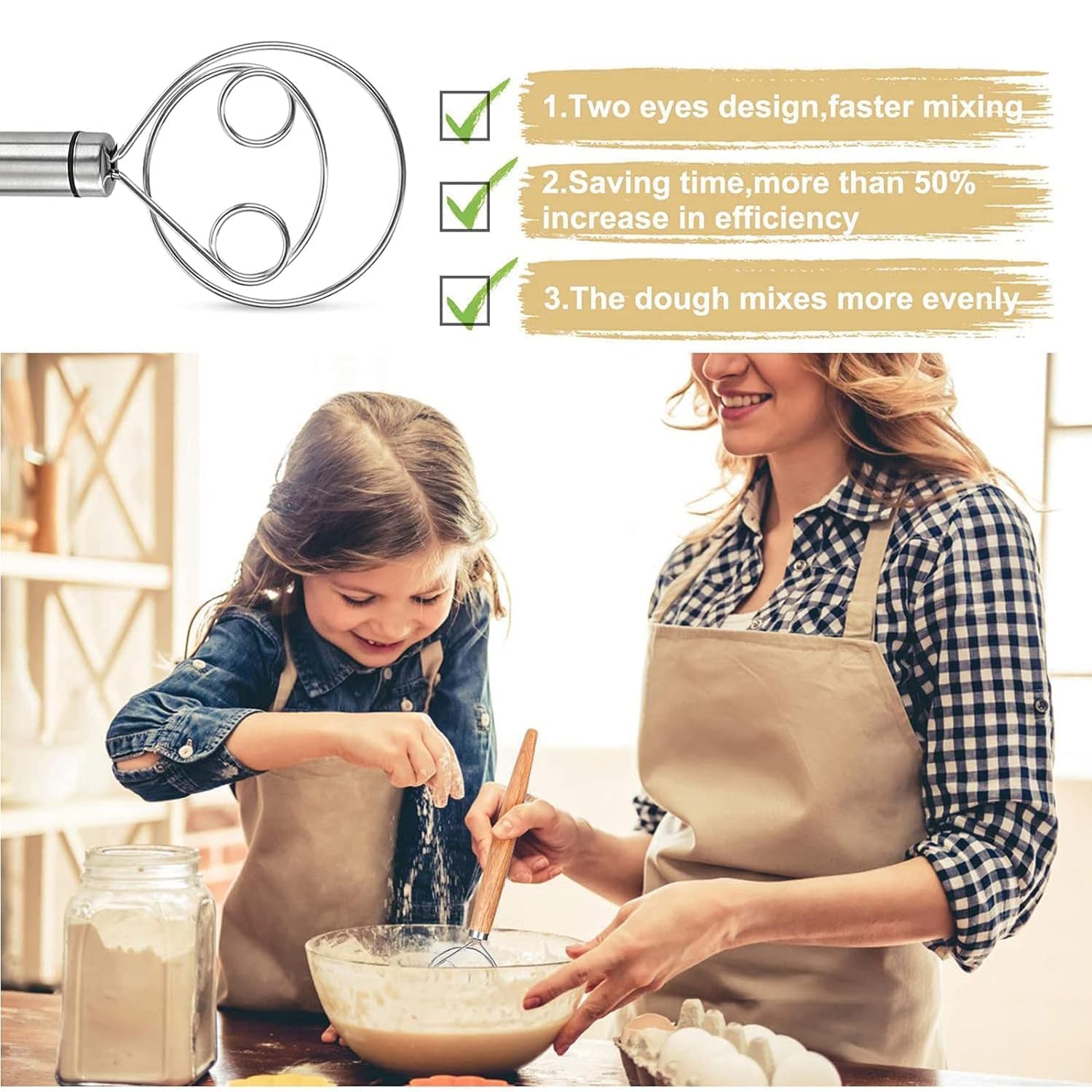 RIVERIYA Stainless Steel Danish Dough Whisk - Non-Slip Heat Resistant Manual Bread Mixer for Baking Bread, Batter, Pastry & Cookie Dough | Perfect for Home Bakers & Professional Kitchens