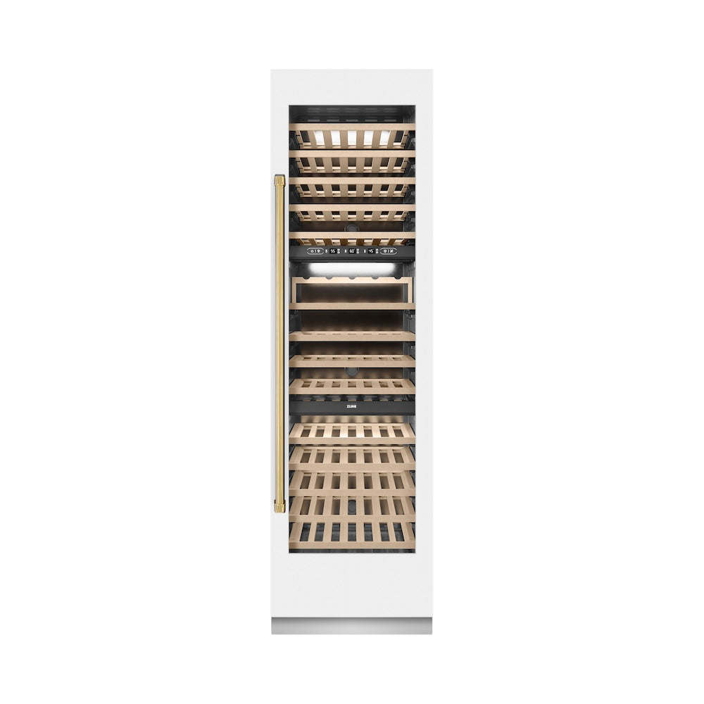 ZLINE Autograph Edition 24 Inch 12.4 cu ft Triple Zone 100 Bottle Wine Cooler Refrigerator - White Matte with Gold Accents for Kitchen, Dining Room or Wine Cellar Storage