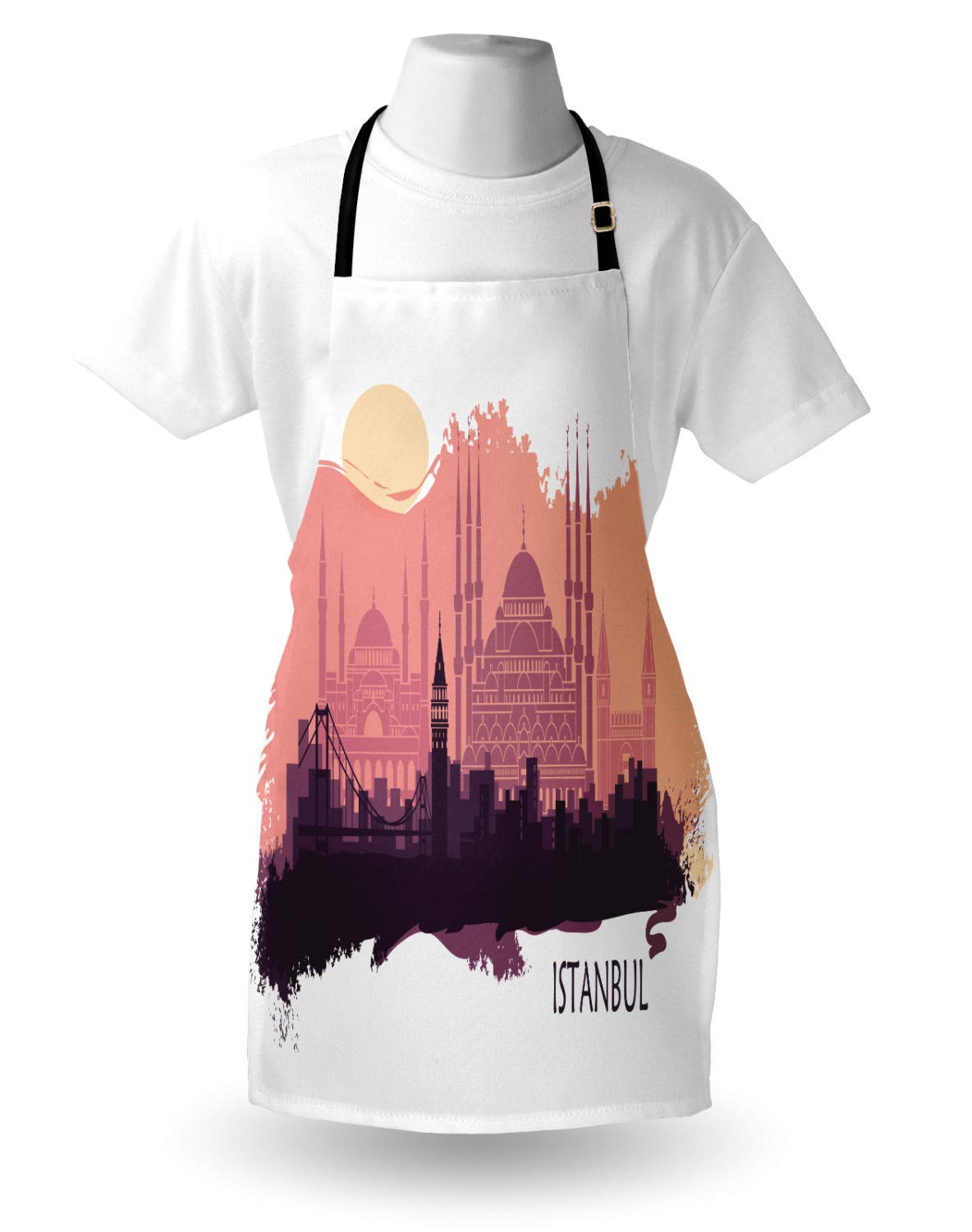 Ambesonne Unisex Travel Apron - Adjustable Neck Turkish City Landscape Design for Cooking, Baking, Gardening | Adult Size Coral Peach | Perfect for Home Chefs, Outdoor BBQs & DIY Enthusiasts
