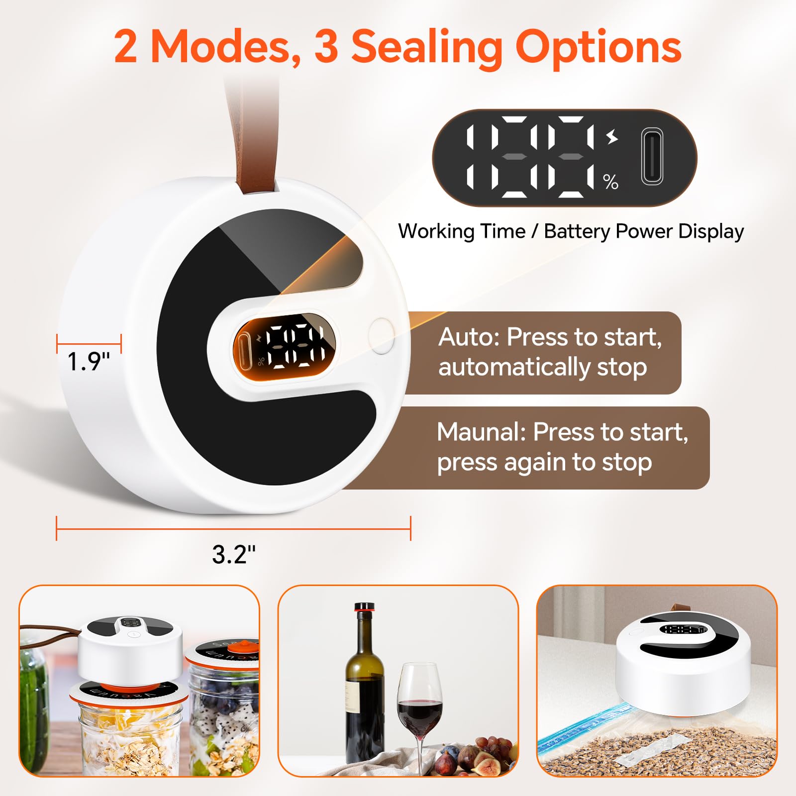 Automatic Vacuum Sealer Kit for Mason Jars - 20s Quick Seal, 80kPa Strong Suction, USB-C Rechargeable with Digital Display & 8 Reusable Lids - Perfect for Food Storage, Meal Prep, Wine Preservation, and Sous Vide Cooking