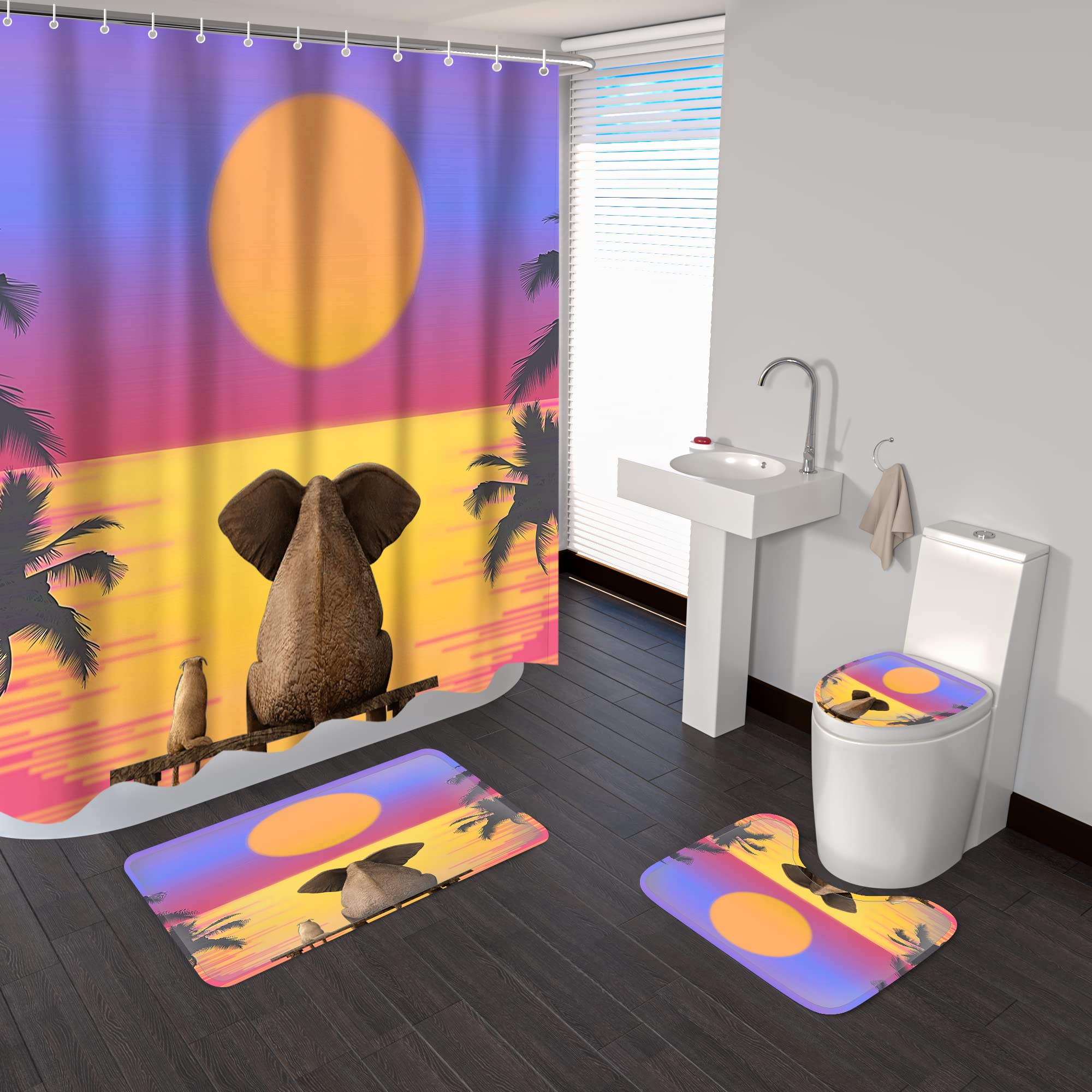 Funny Cute Elephant Back View Bathroom Decor Set - 4 Piece Animal Shower Curtain, Non-Slip Bath Mat & Toilet Lid Cover - Tropical Sunset Theme for Kids & Pet-Friendly Bathroom Accessories - Perfect for Nursery, Guest Bath or Beach House Decor