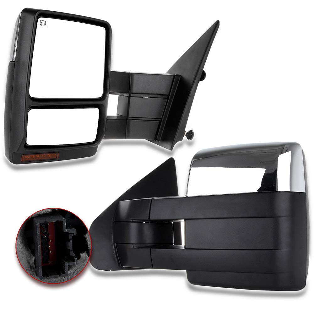 AUTOMUTO Power Heated Towing Mirrors for Ford F-150 (2004-2014) - Chrome LH Driver & RH Passenger Side with Turn Signal & Puddle Light | Perfect for Towing, Off-Roading & Night Driving