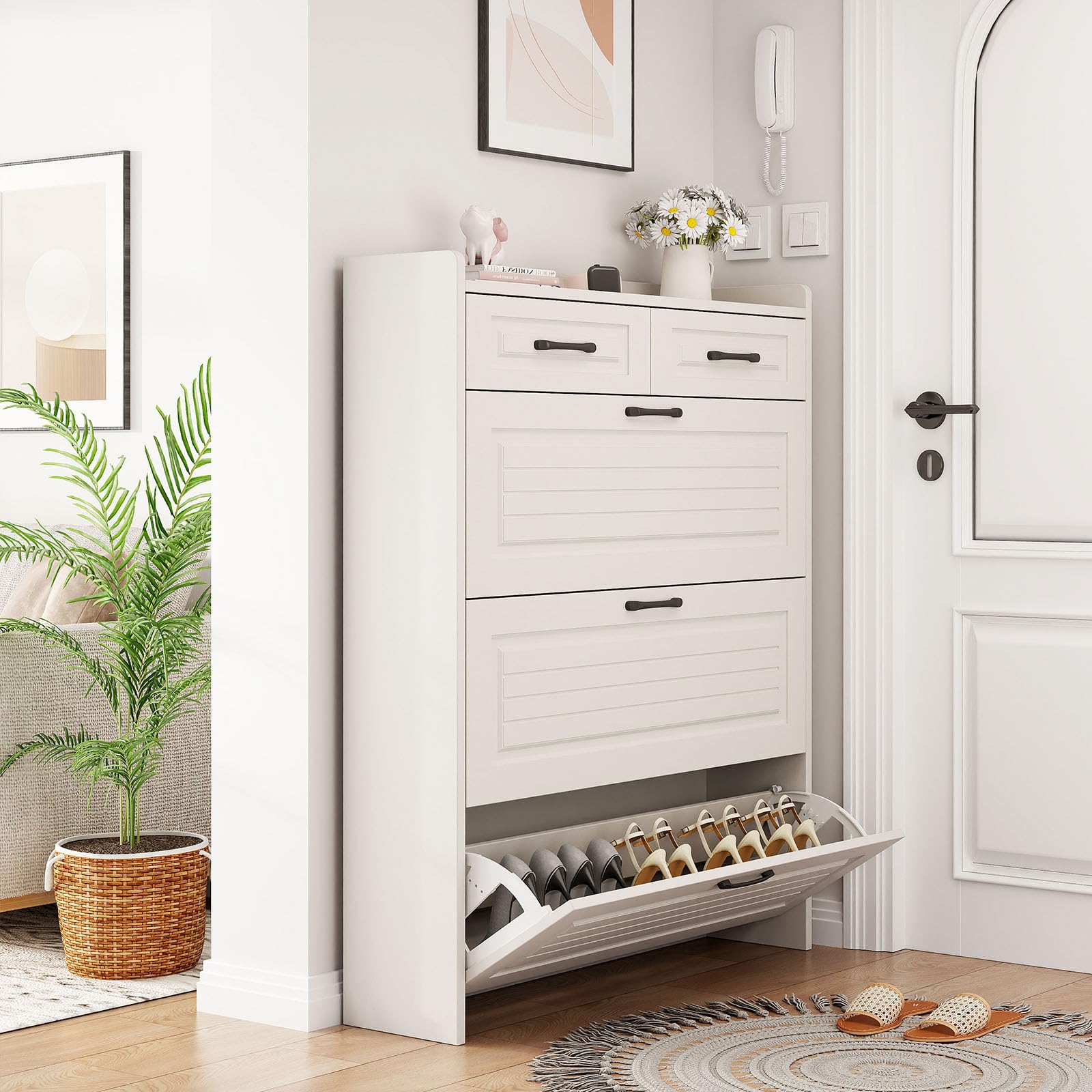 Narrow Shoe Cabinet for Entryway - Slim Flip Down 4-Tier Wooden Shoe Rack Storage Organizer with 3 Doors & 2 Drawers - Perfect for Hallway, Living Room, Bedroom & Small Spaces - Space Saving Shoe Storage Solution for Home Organization