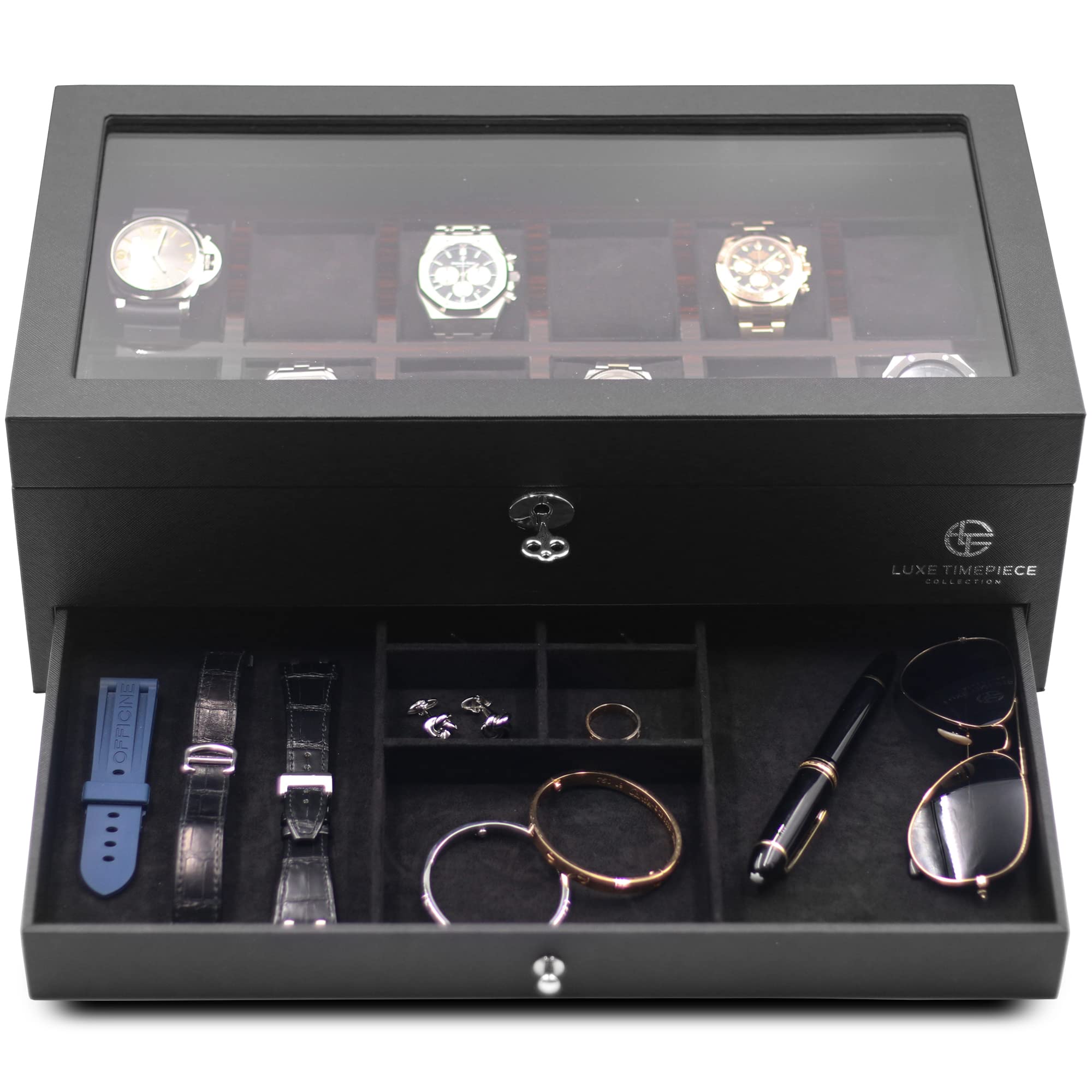 12 Slot Saffiano Leather Watch Box Organizer with Valet Drawer - Luxury Watch Case Display with Plexiglass Top for 12 Watches, Microsuede Liner - Perfect for Men's Watch Collection, Gift Idea & Jewelry Storage