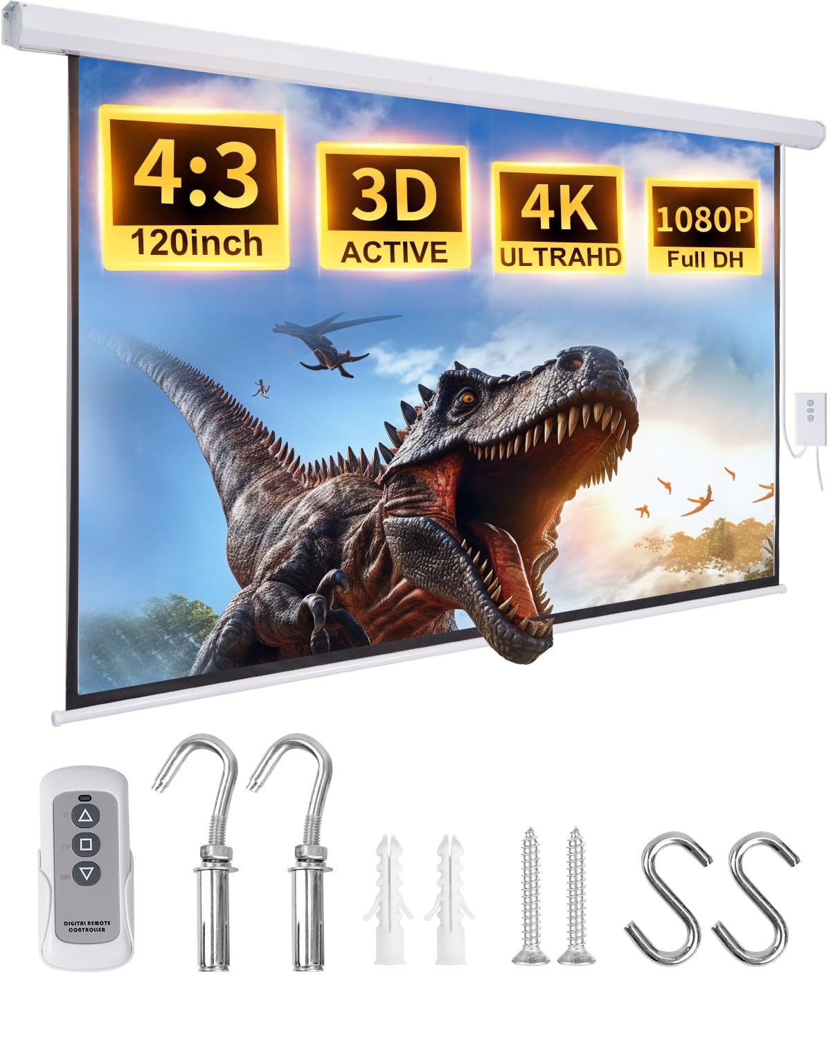 120 Inch Motorized Projector Screen with Remote - Automatic Pull Down Projection Screen for Home Theater & Outdoor Movies | Ceiling Mount Hooks, 4:3 White Retractable Screen for Indoor & Outdoor Use