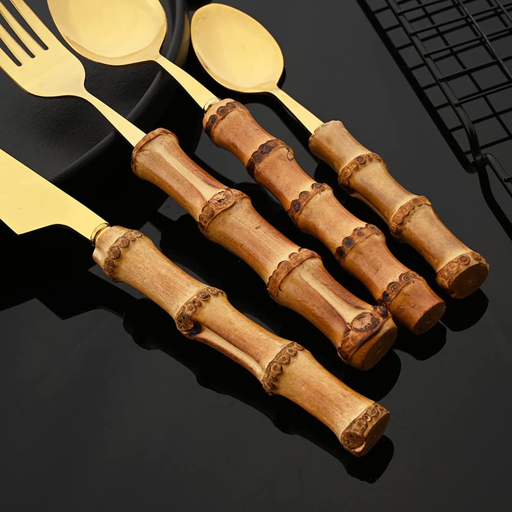Premium 48-Piece Bamboo Handle Silverware Set for 12 - 18/8 Stainless Steel Golden Flatware Cutlery Set with Natural Bamboo Handles - Dishwasher Safe Kitchen Utensils for Everyday Dining, Dinner Parties & Gifts
