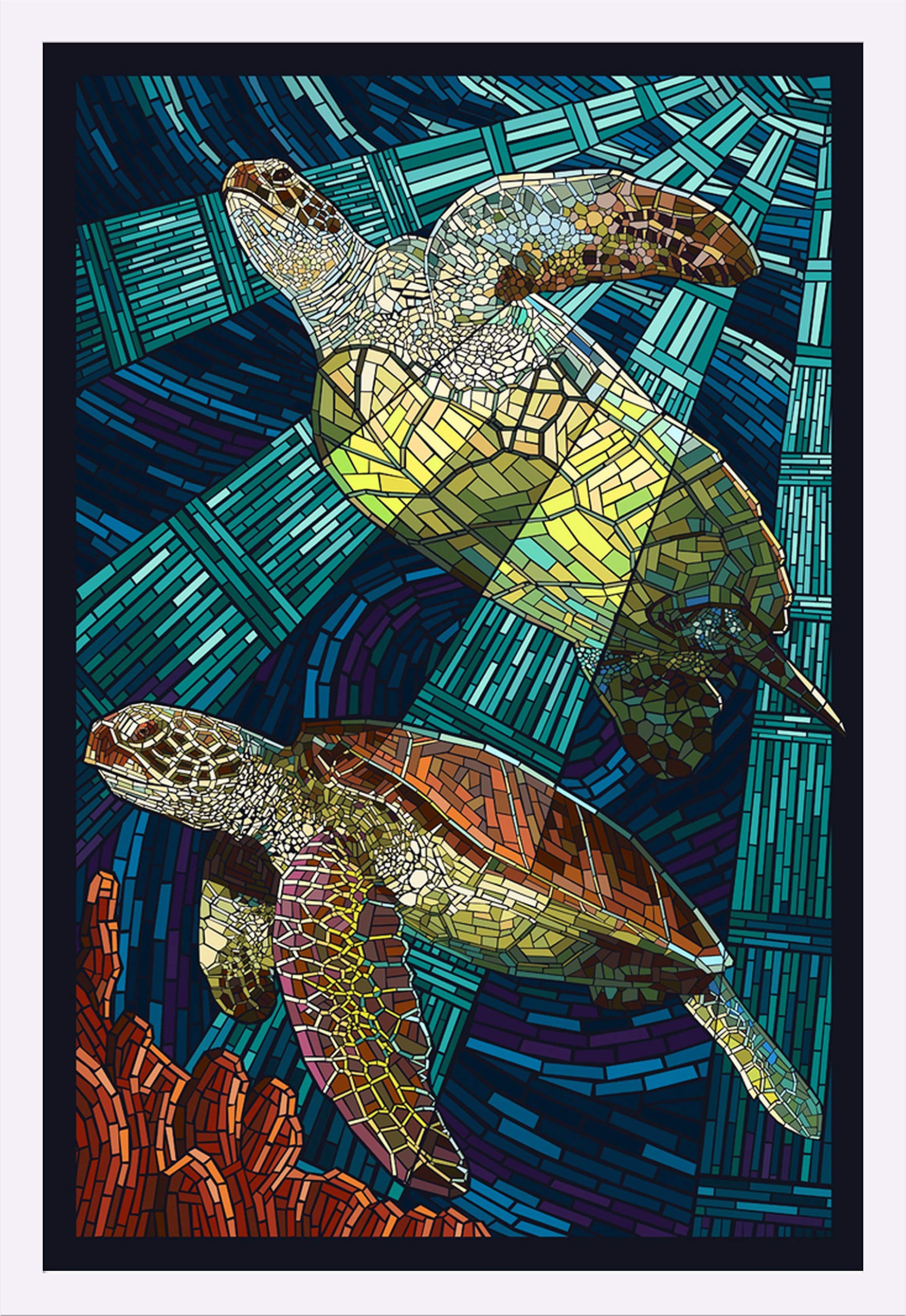 Sea Turtle Paper Mosaic Art Print - 24x36 Giclee Gallery Framed in White Wood - Ocean Themed Wall Decor for Beach House, Coastal Living Room & Nautical Nursery