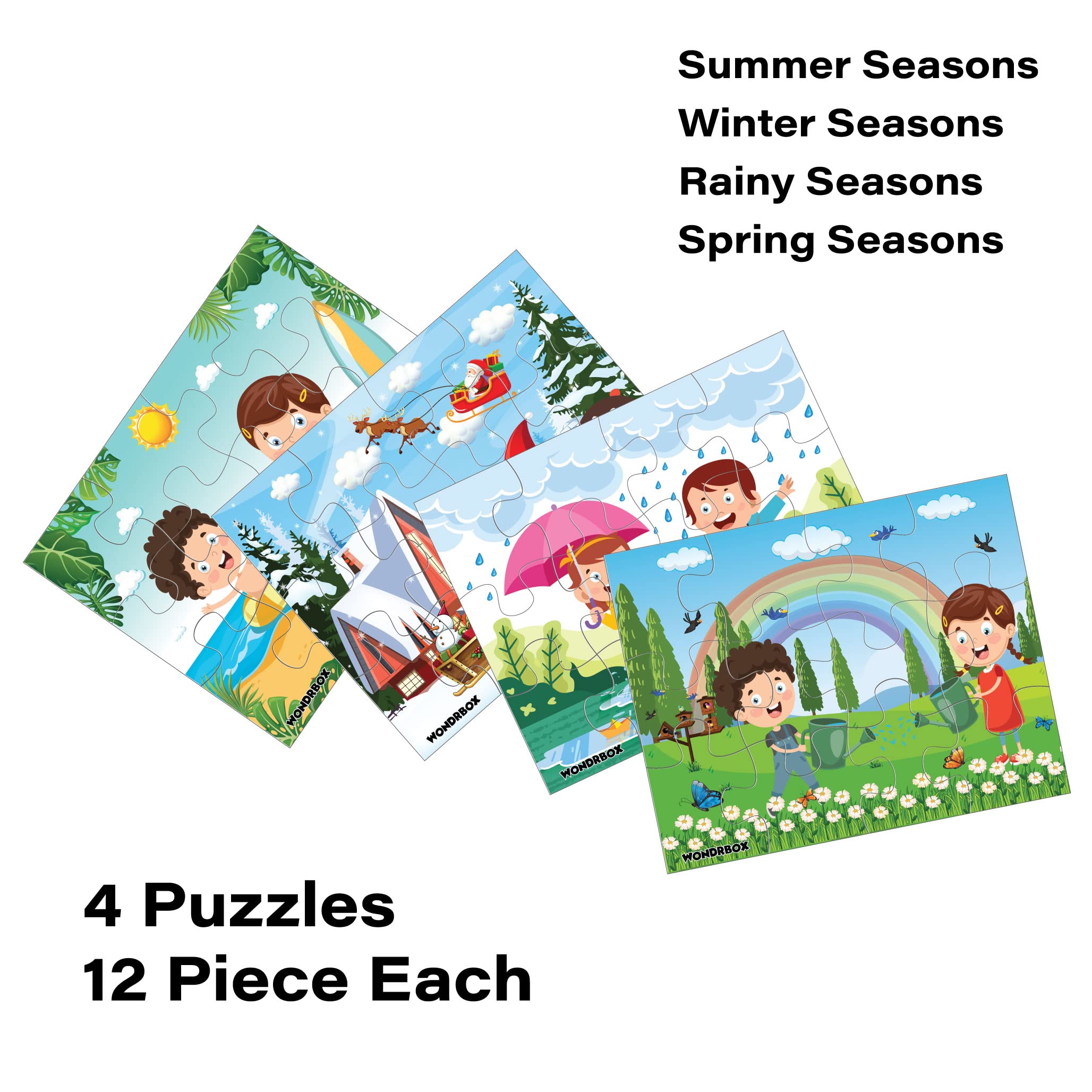 WONDRBOX 12-Piece Seasonal Jigsaw Puzzles for Kids Ages 3-7 | 4 Educational Puzzles in a Box | Learning Toys & Birthday Gifts for Boys & Girls | Perfect for Classroom, Party Favors & Family Game Night