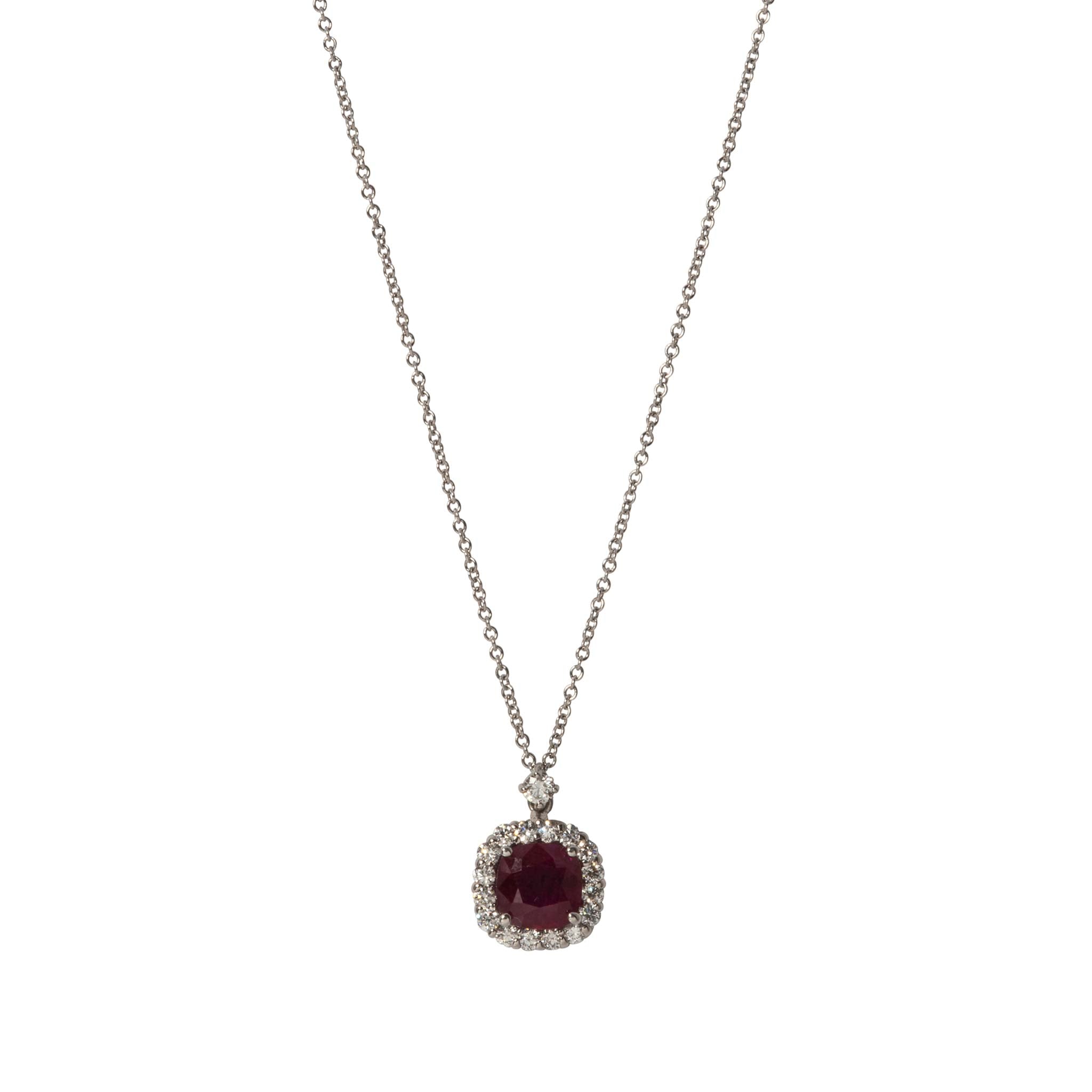 18K White Gold Ruby & Diamond Halo Pendant Necklace for Women - Elegant Jewelry Gift for Anniversary, Birthday & Special Occasions