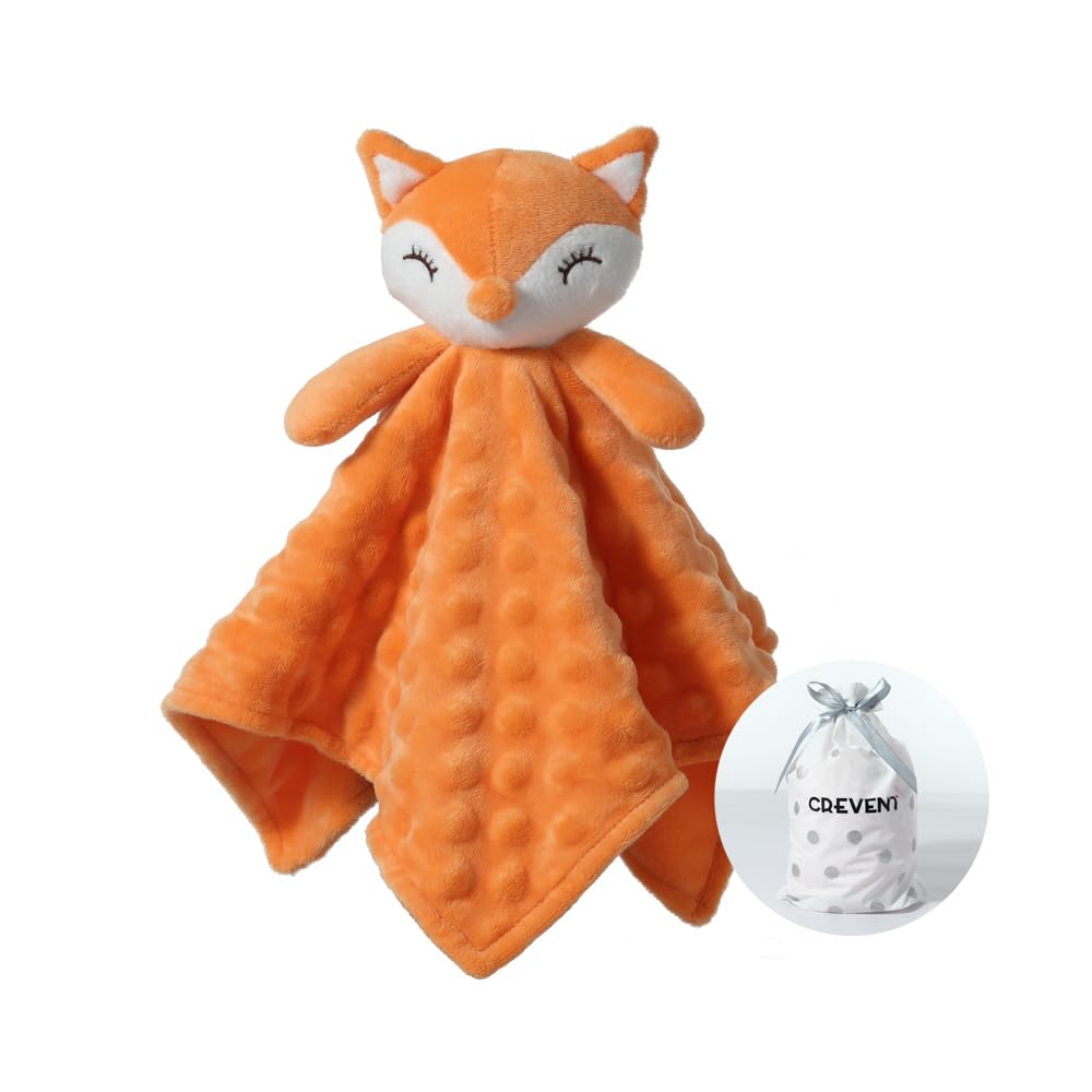 CREVENT Soft Plush Animal Face Security Blankets for Babies & Toddlers - Adorable Orange Fox Comfort Blanket for Boys & Girls | Perfect Baby Shower Gift, Newborn Essentials & Toddler Sleep Aid | Great for Nursery, Travel & Sensory Play