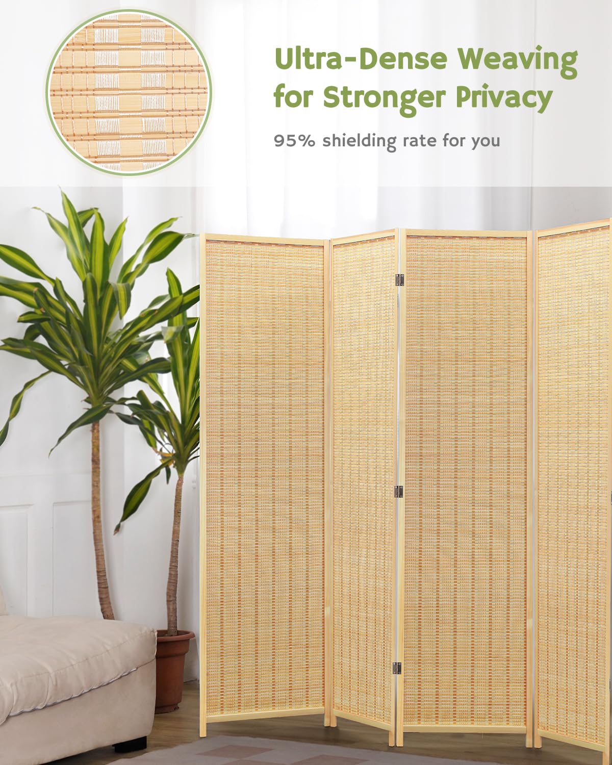 JOSTYLE 6-Panel Bamboo Room Divider - 6ft Tall Folding Privacy Screen for Home & Office | Freestanding Partition Wall for Room Separation, Space Division & Decoration | Perfect for Bedrooms, Living Rooms, Yoga Studios & Event Spaces (Beige)