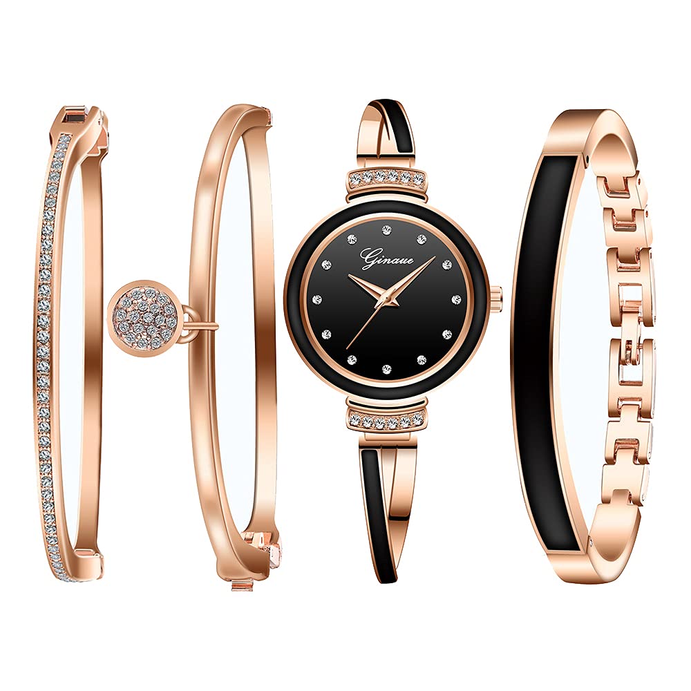 Elegant Women's Glitter Crystal Watch and Bracelet Set - Stainless Steel Wristwatch with 3 Bangles - Perfect Graduation Gift for Her | Ideal for Parties, Work & Special Occasions