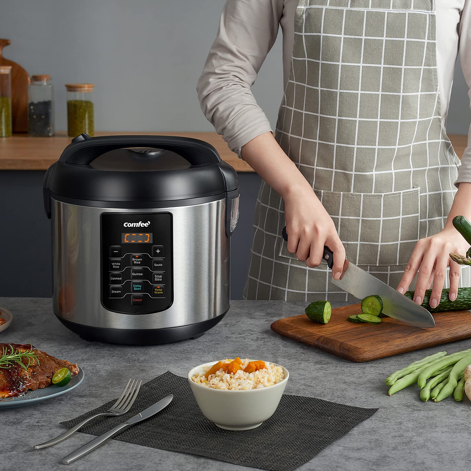 COMFEE' 10-Cup Uncooked (20-Cup Cooked) Rice Cooker & Steamer - 5.2QT Large Capacity Multi-Functional Rice Maker with Saute, Warmer & 8 One-Touch Programs for Brown Rice, Quinoa, Oatmeal - Perfect for Family Meals, Meal Prep & Healthy Cooking