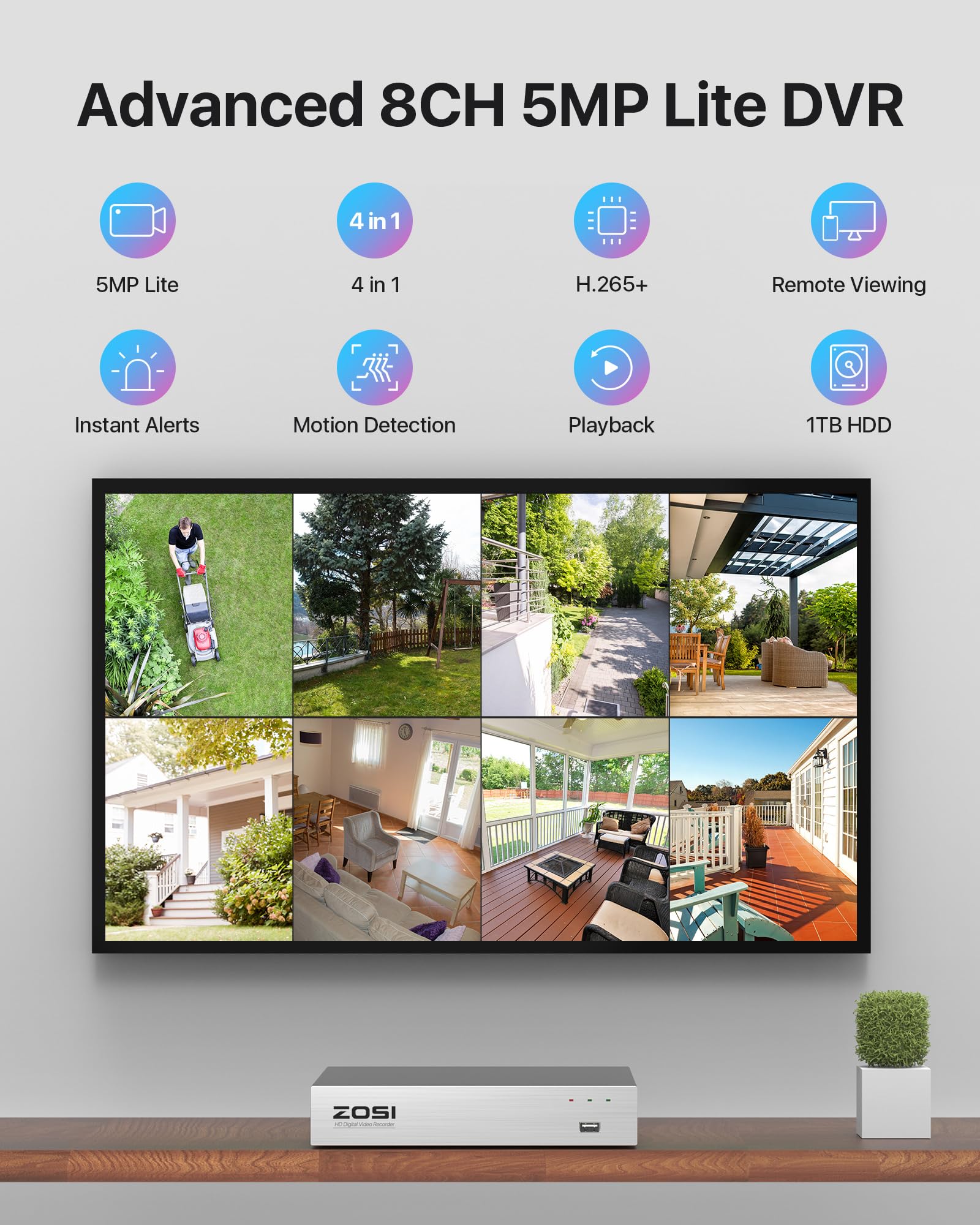 ZOSI 3K Lite 8 Channel Home Security Camera System with Audio, AI Human/Vehicle Detection, Night Vision - H.265+ CCTV DVR with 1TB HDD & 8pcs 1920TVL Indoor Outdoor Surveillance Cameras for 24/7 Recording - Perfect for Home, Business, and Property Security Monitoring