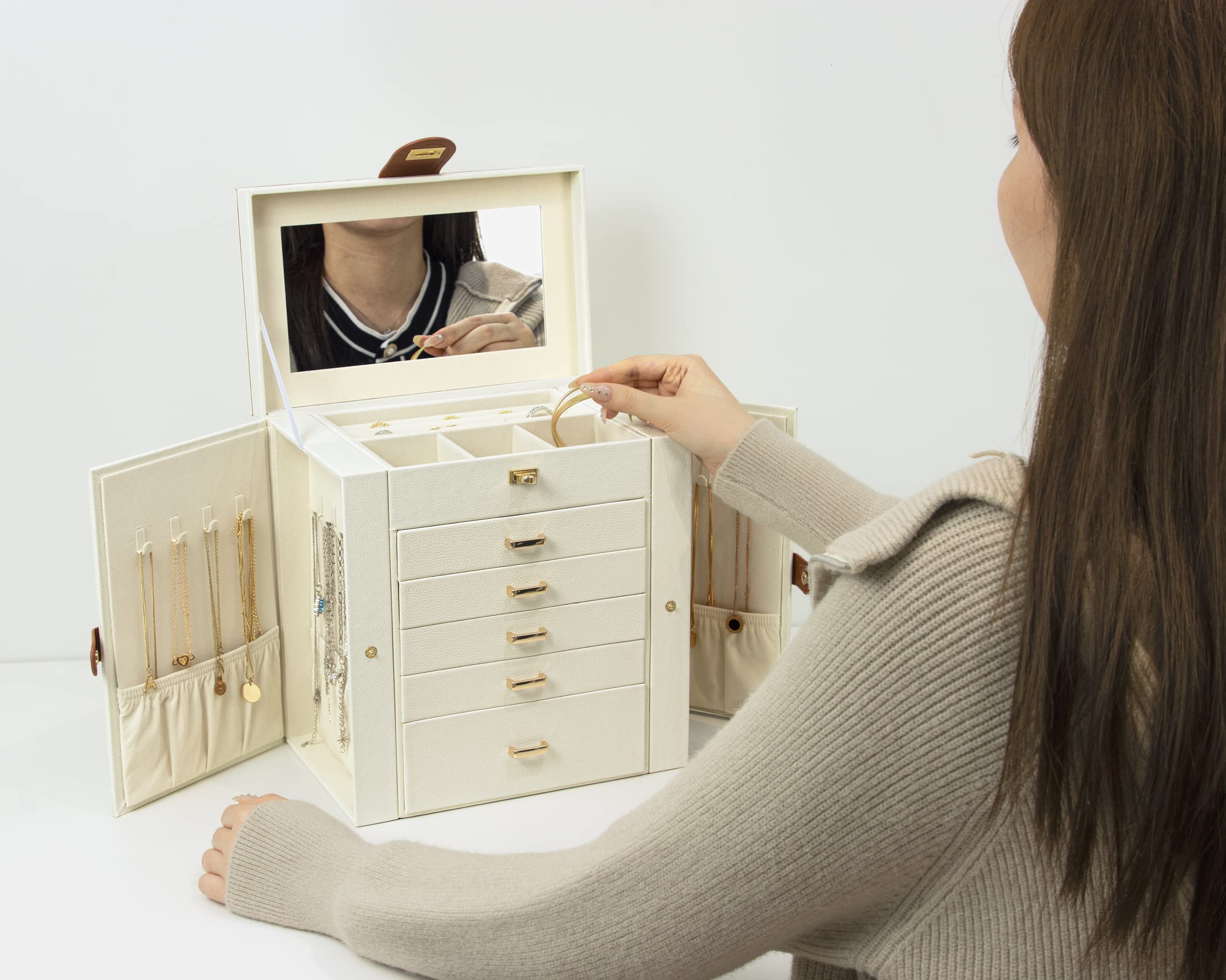 KAMIER 6-Layer Large Jewelry Box Organizer with Mirror & 5 Drawers - White Jewelry Storage for Women | Perfect for Rings, Earrings, Necklaces & Bracelets | Ideal for Bedroom Vanity, Travel & Gift Giving