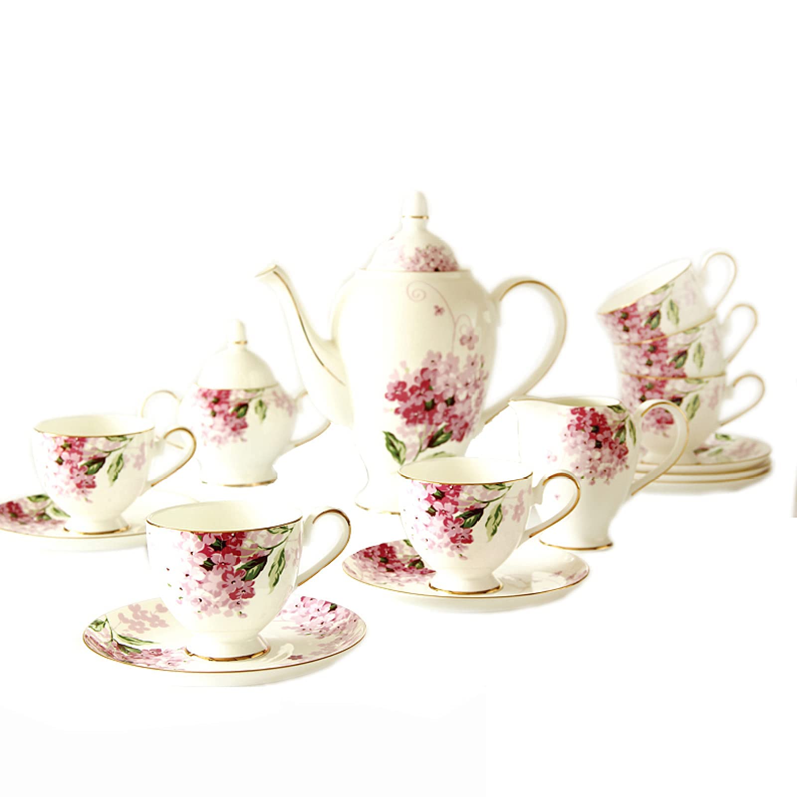 Vintage Pink Floral Porcelain Tea Set - 15 Piece Bone China Coffee Cups & Saucers for Wedding, Bridal Shower, Afternoon Tea Party - Elegant Tea Service for Adults