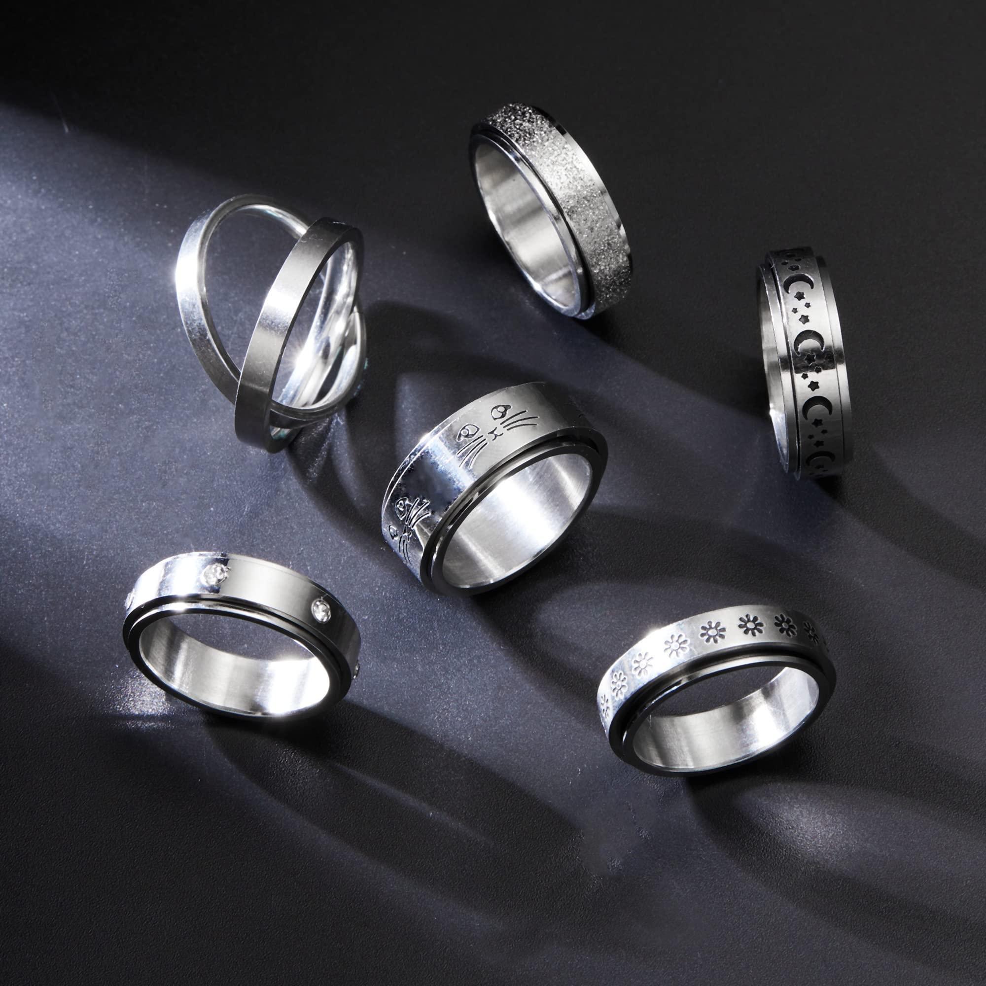 6Pcs Stainless Steel Fidget Rings Set - Moon Star Flower Cat Anxiety Relief Spinner Rings for Women & Men (Size 6-11) | Stress Relief, Focus Aid & Sensory Toy for ADHD, Anxiety & Office Work