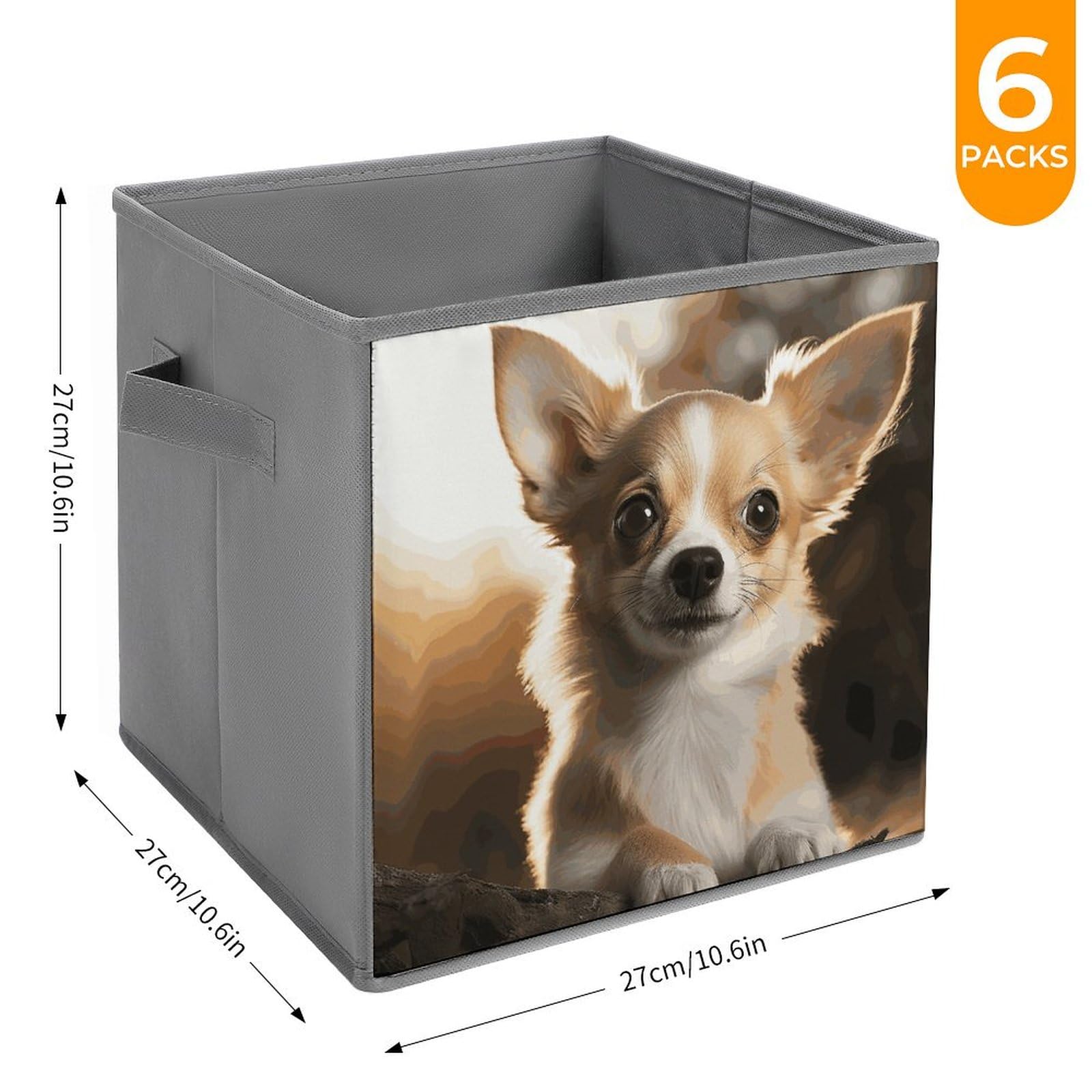 6-Piece Collapsible Storage Bins with Handles - Cute Chihuahua Printed Foldable Organizing Baskets for Shelves, Closet, Bathroom & Home Organization - Space Saving Storage Containers for Toys, Laundry & Household Items