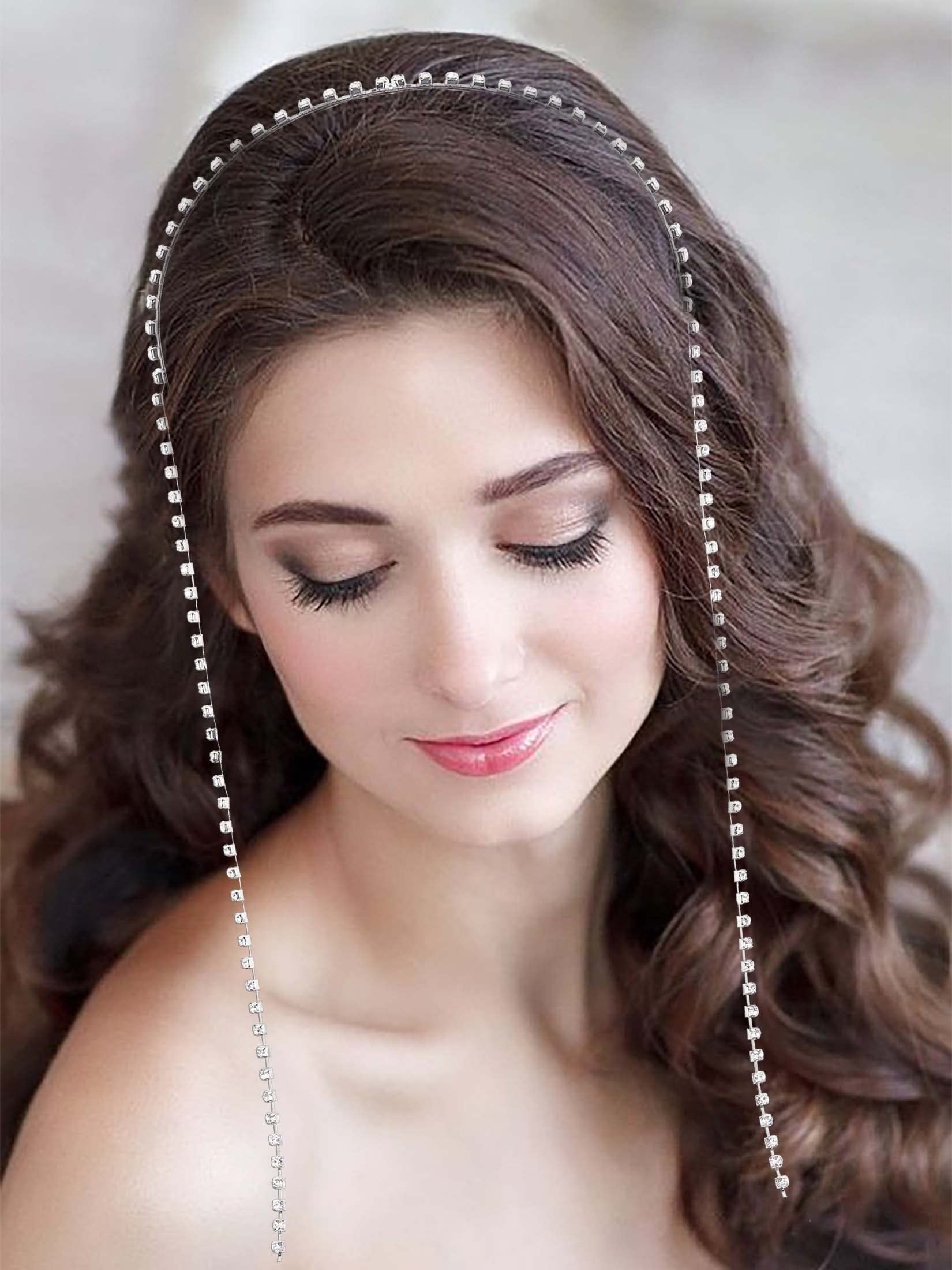 Sparkly Rhinestone Crystal Tassel Headband for Women - Silver Bejeweled Hair Chain with Fake Diamond Earrings | Perfect for Weddings, Proms, Parties, Birthdays & Special Occasions | Elegant Bridal Hair Accessories for Women & Girls