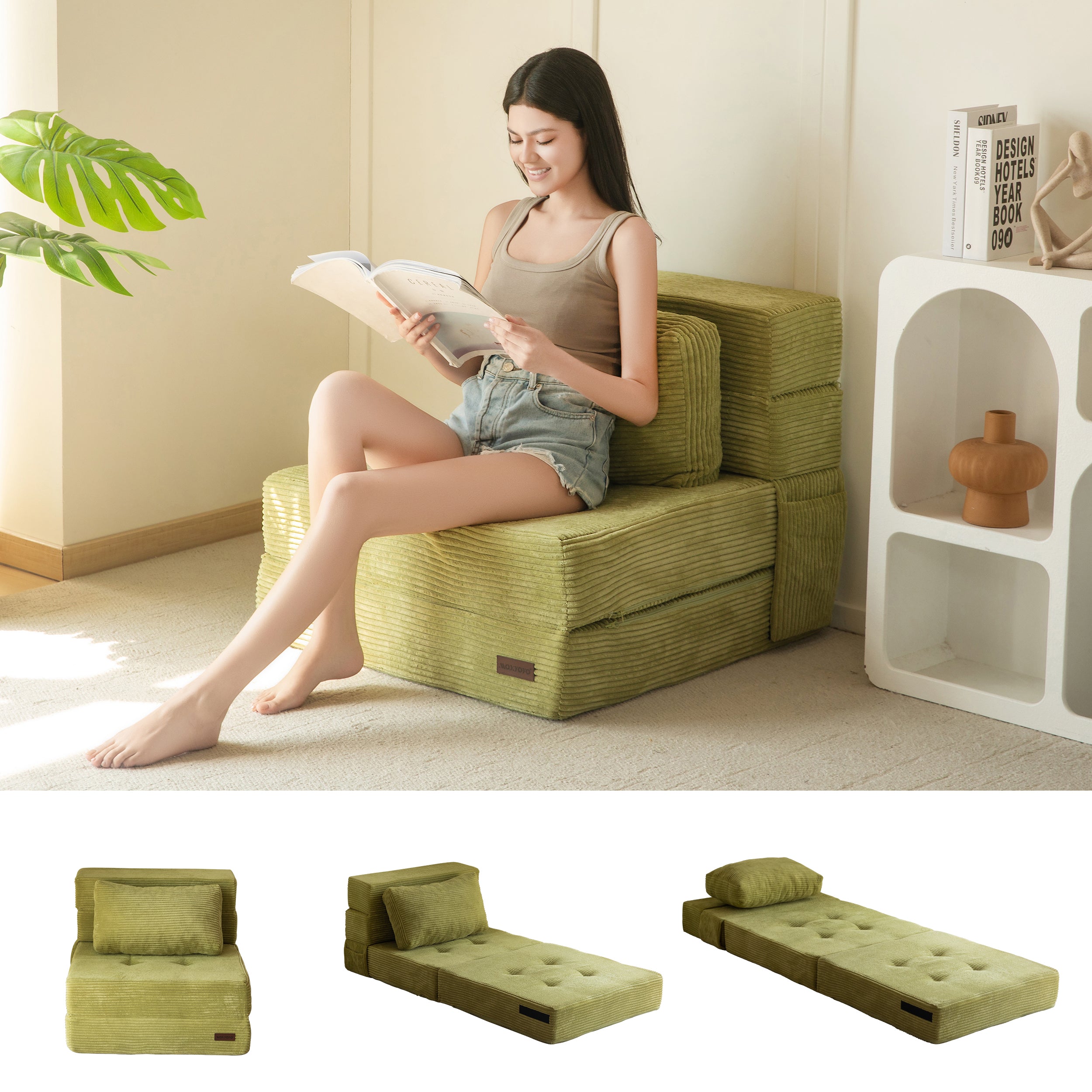 MAXYOYO 3-in-1 Convertible Sofa Bed - Foldable Single Sleeper Couch with Pillow, Foam Floor Lounger & Lazy Chair for Living Room, Bedroom & Guest Room (Green) | Perfect for Small Spaces, Overnight Guests & Cozy Relaxation