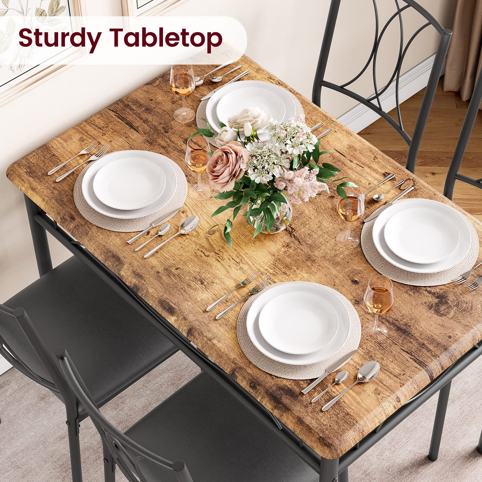 5-Piece Retro Brown Dining Table Set for 4 - Rectangular Kitchen Table with Upholstered Chairs - Perfect for Small Spaces & Apartments | Ideal for Family Meals, Breakfast Nooks & Compact Dining Areas