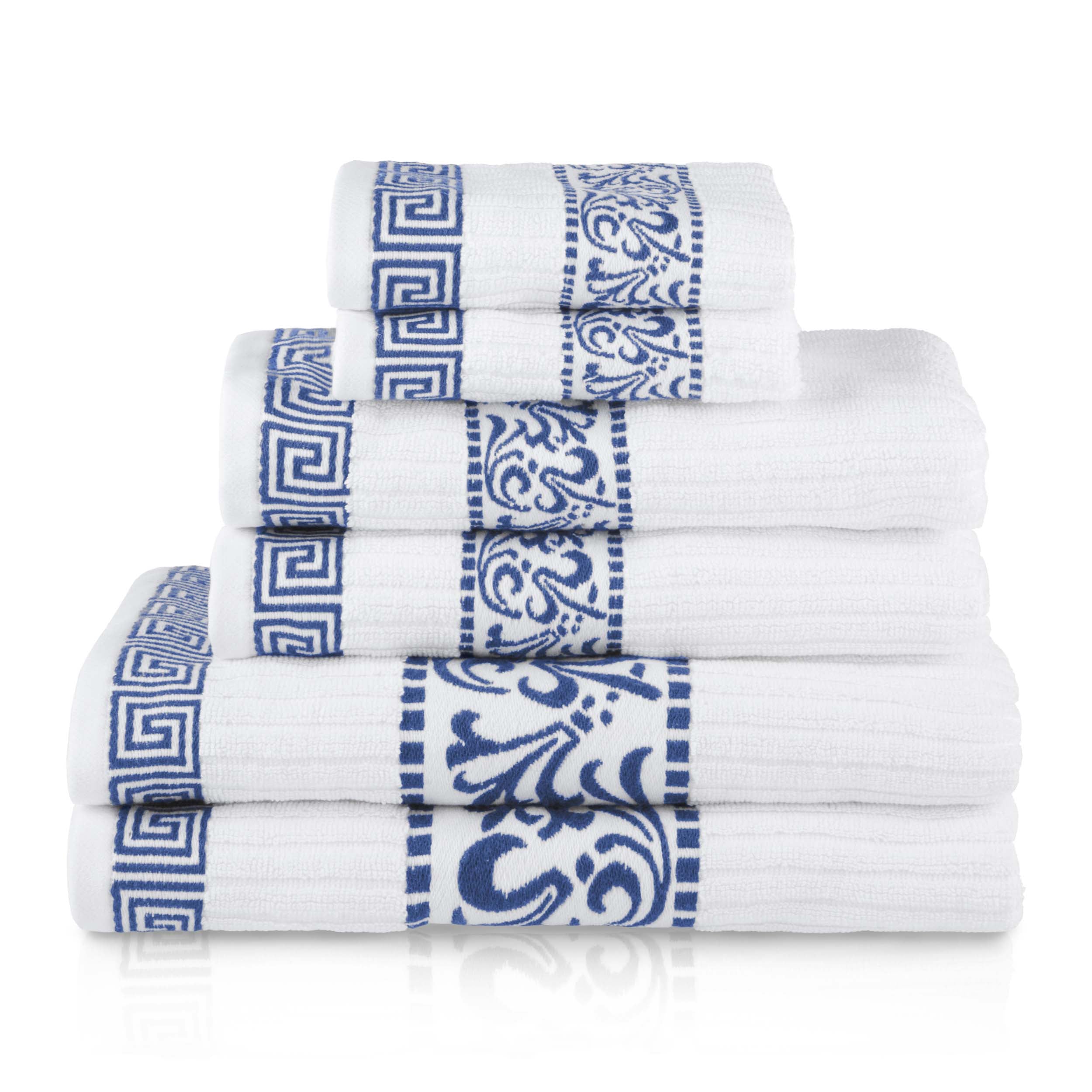 Athens Cotton Greek Scroll and Floral 6-Piece Bath Towel Set - Soft & Absorbent for Bathroom, Spa, and Beach Use