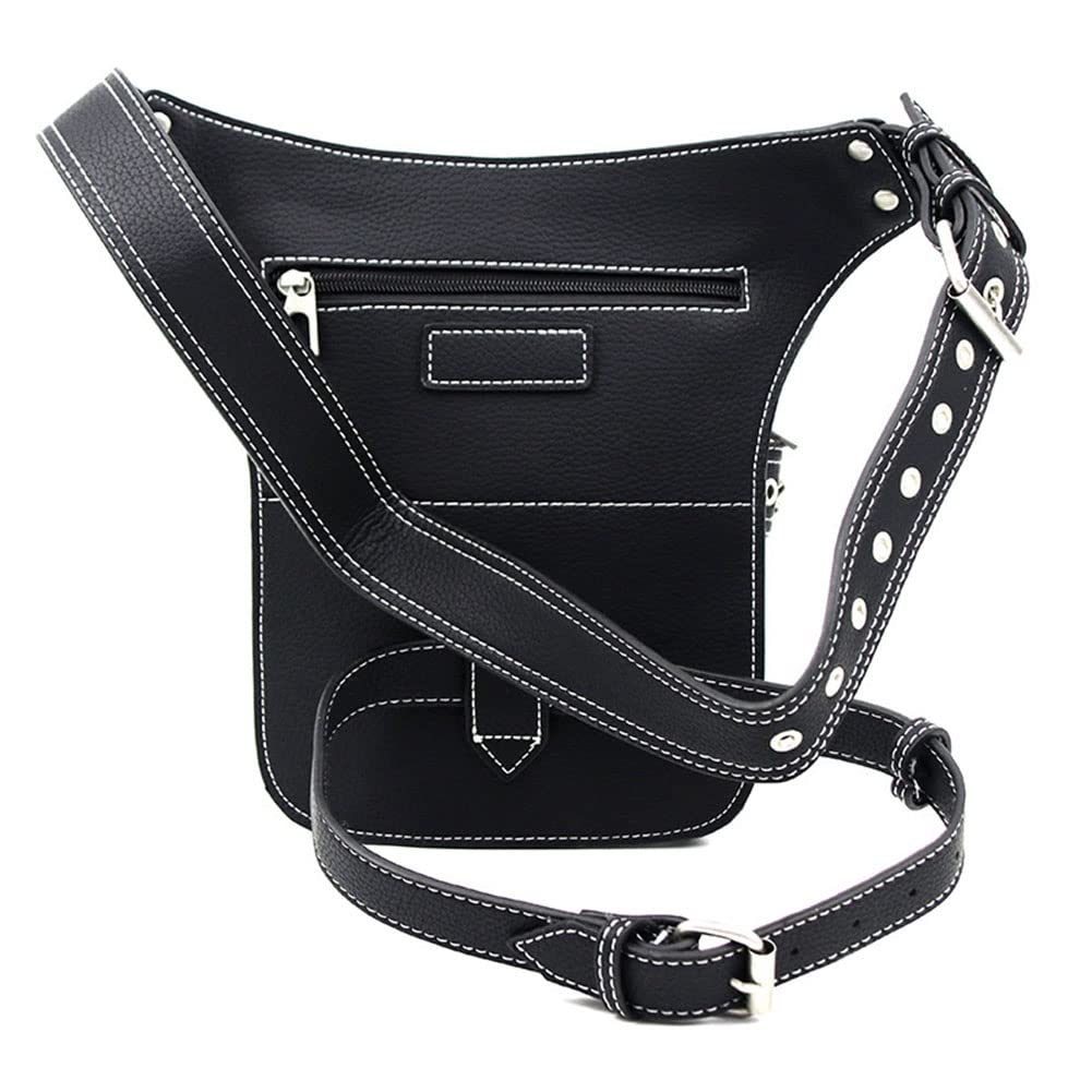 Gothic Waist Bag Fanny Pack - Genuine Leather Steampunk Crossbody Bag with Chain - Vintage Messenger Hip Pouch for Women & Men - Perfect for Cosplay, Rave, Music Festivals & Daily Use (D51)