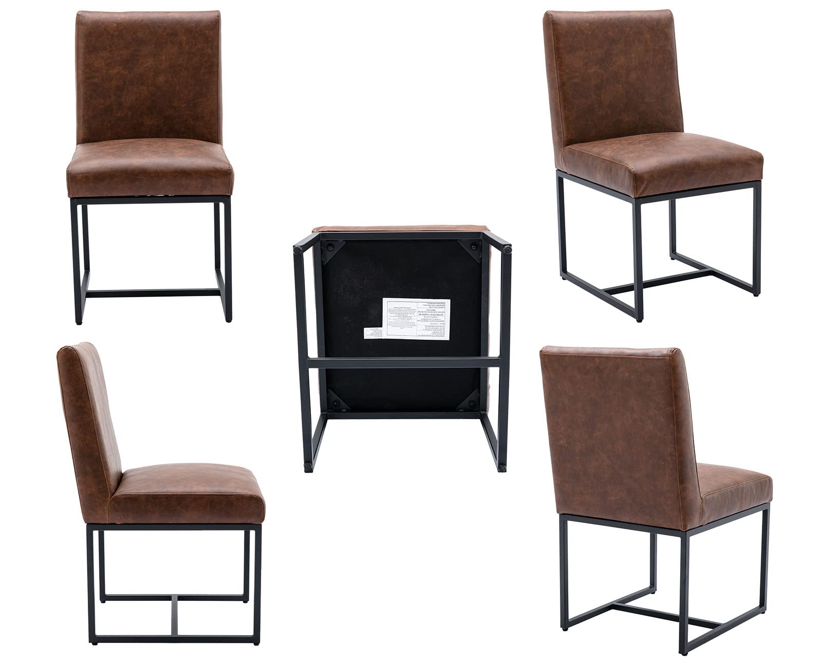 VESCASA Mid Century Modern Faux Leather Dining Chairs - Set of 2 Brown Upholstered Kitchen Chairs with Black Metal Frame & Adjustable Foot Pads | Perfect for Restaurant, Home Dining Room & Office Conference Table Setting