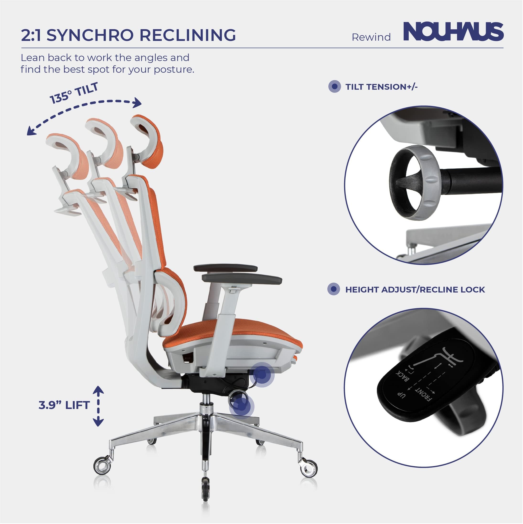 Nouhaus Rewind Ergonomic Office Chair with Adjustable Footrest & Lumbar Support - Mesh High Back Rolling Task Chair for Home Office - Orange - Perfect for Long Work Hours & Gaming Sessions