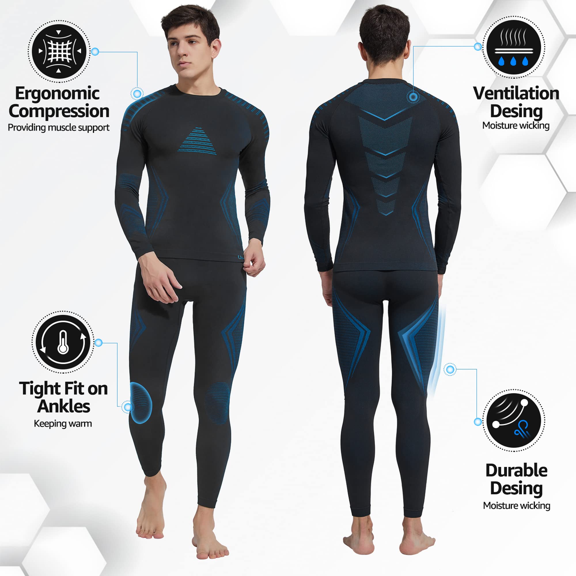 YESURPRISE Men's Thermal Underwear Set - Fleece Lined Top & Bottom Base Layer for Cold Weather - Quick Dry Moisture Wicking Long Johns for Winter Sports, Hiking & Outdoor Activities